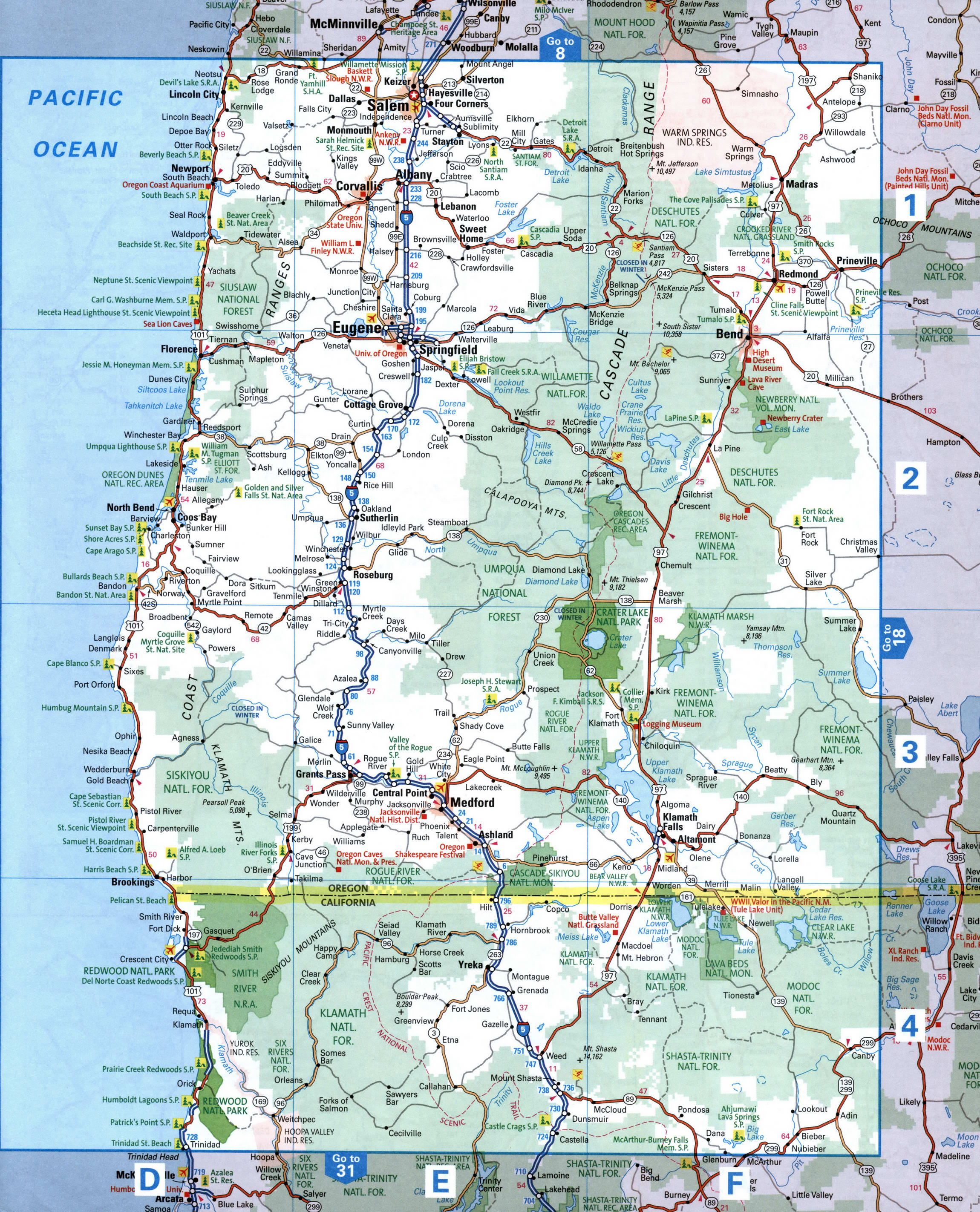 Map of western Oregon with cities and roads. Map of the Salem and Eugene area