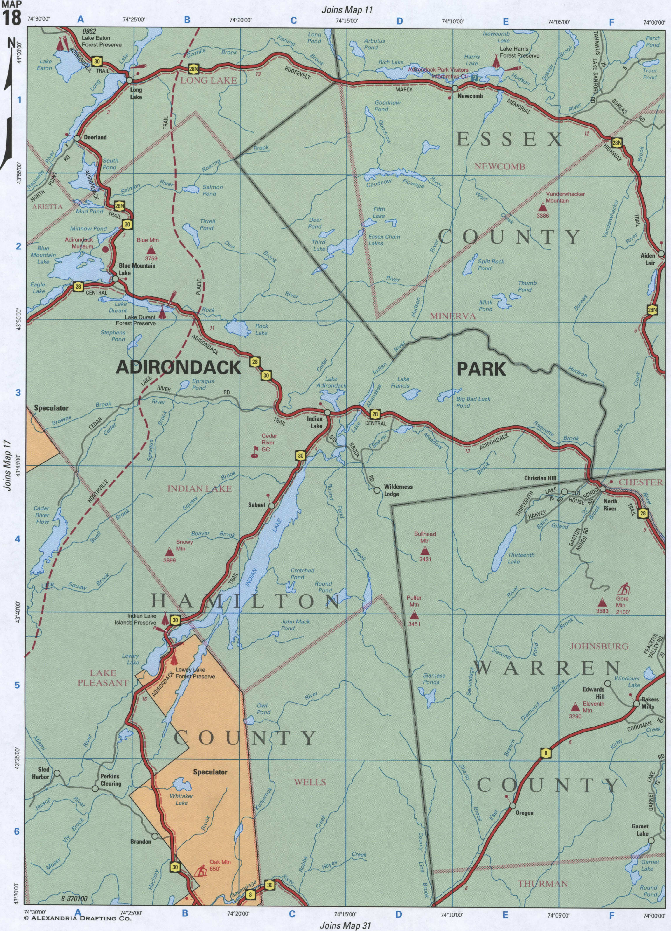 map of Essex County and Hamilton County NY
