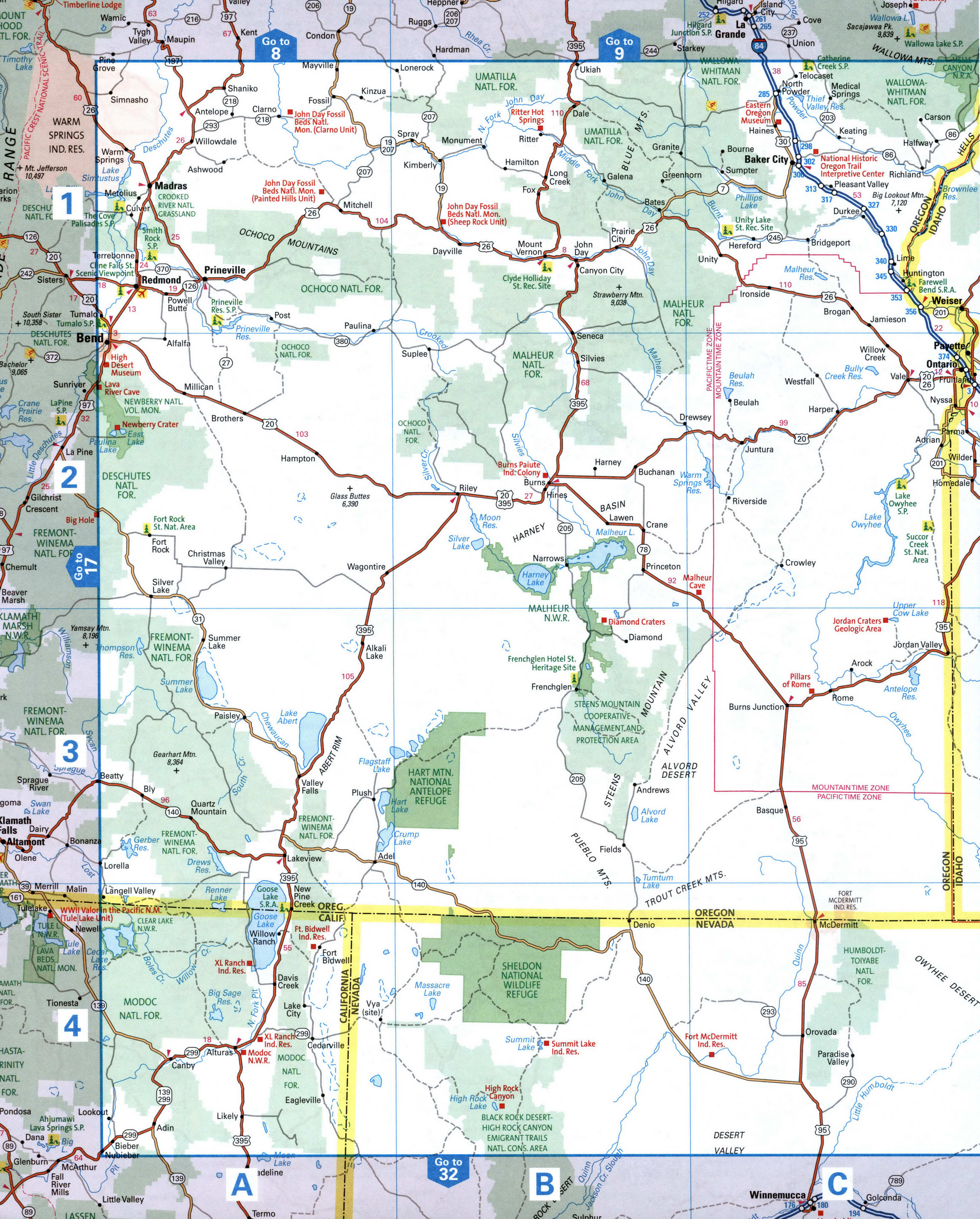 Map of Eastern Oregon with cities and roads. Map of the Bend and La Grande area