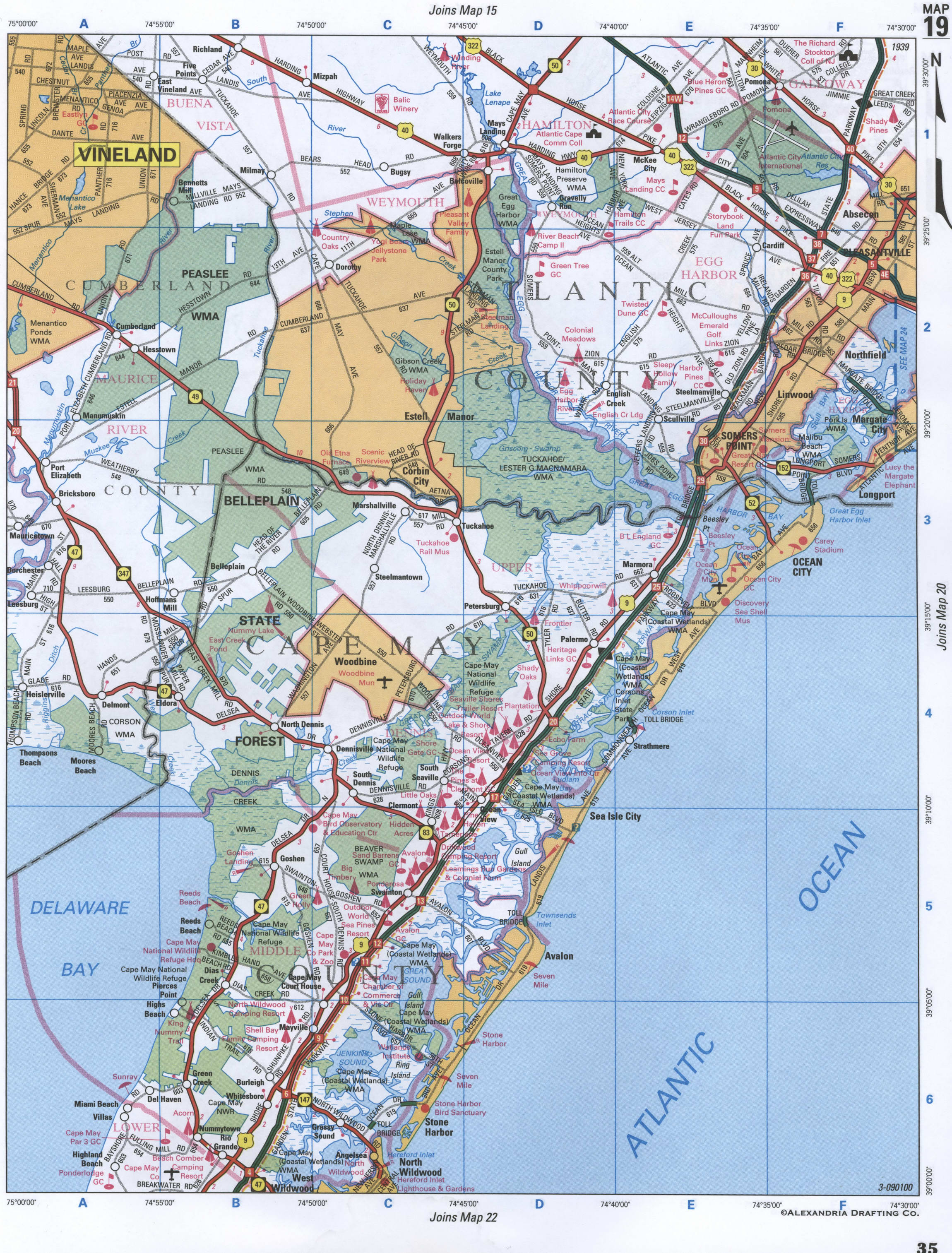 map of Ocean and Cape May Counties, New Jersey