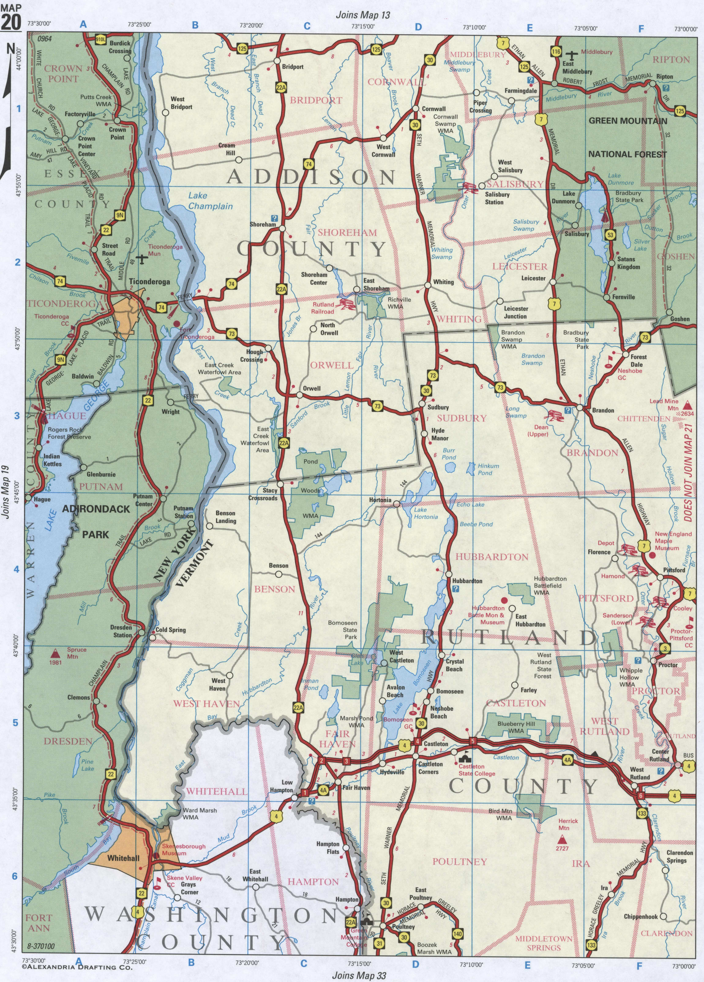 map of Essex County, Rutland County VT, Addison County VT