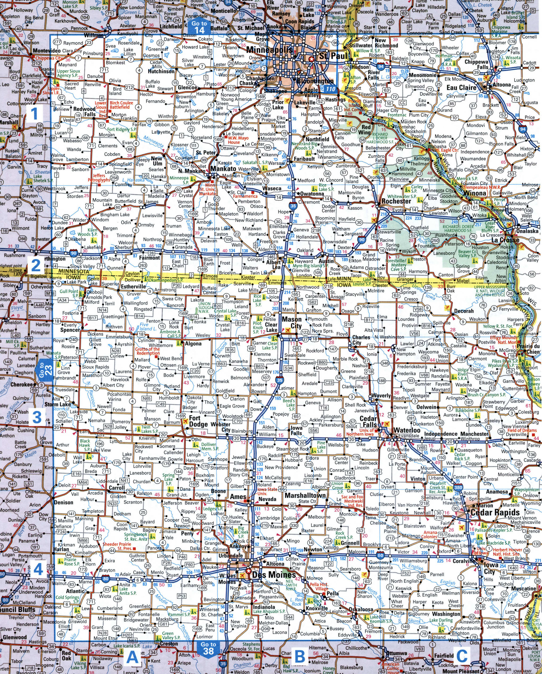 Detailed map of Iowa and Minnesota. Map of the Minneapolis and Des Moines area Detailed map of Iowa and Minnesota. Map of the Minneapolis and Des Moines area