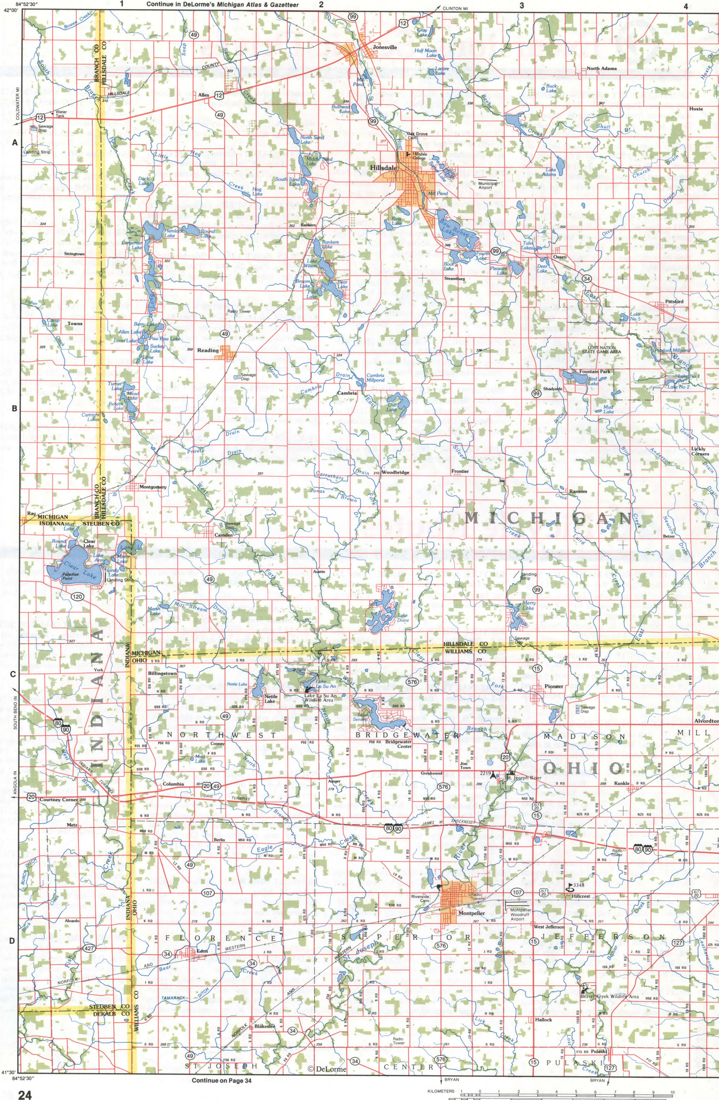 Map of Williams CO, Ohio and Hillsdale CO, Michigan