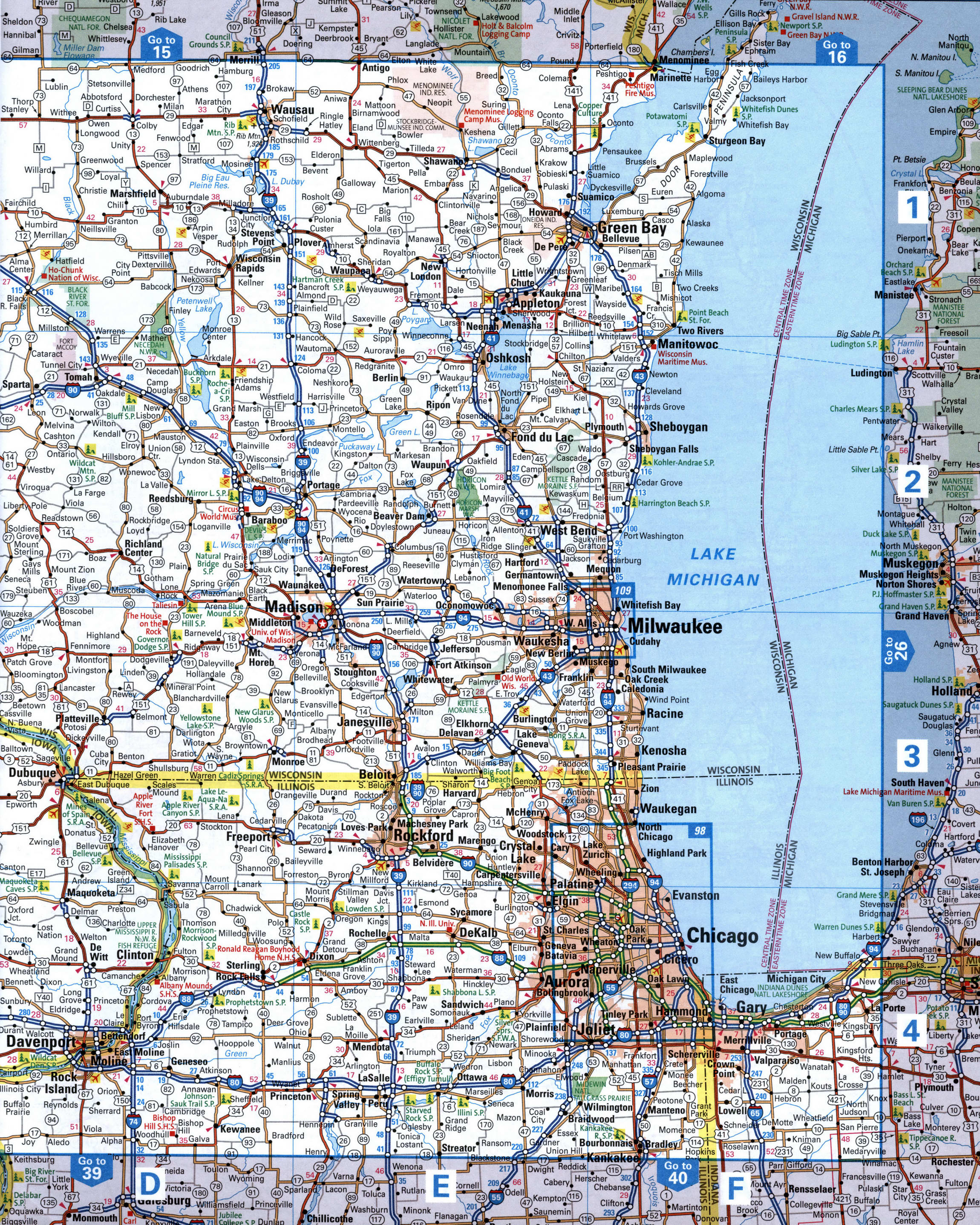 Detailed map of Wisconsin and Illinois. Map of the Milwaukee and Madison area.