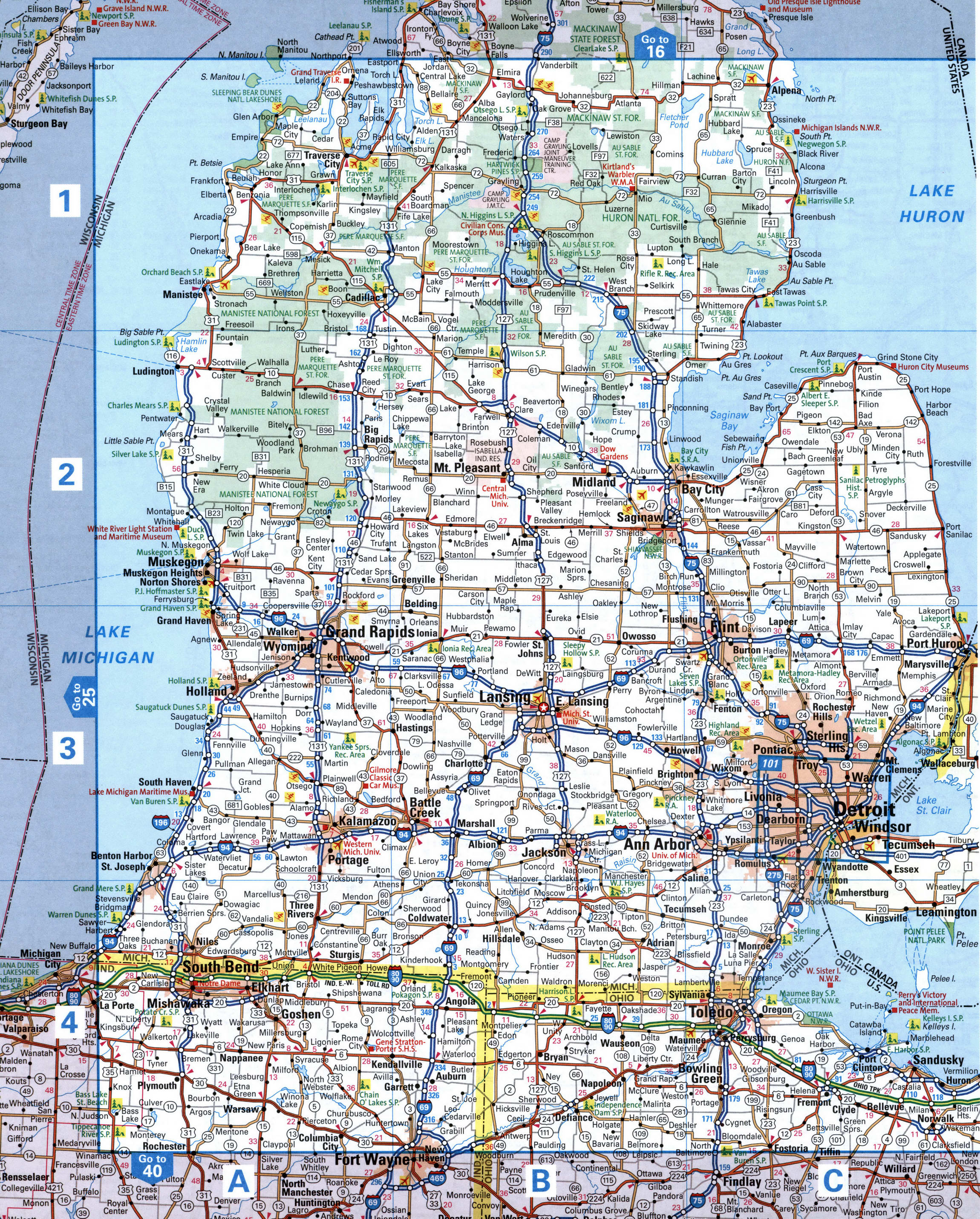 Detailed map of Michigan with cities and roads. Map of the Detroit and Grand Rapids area