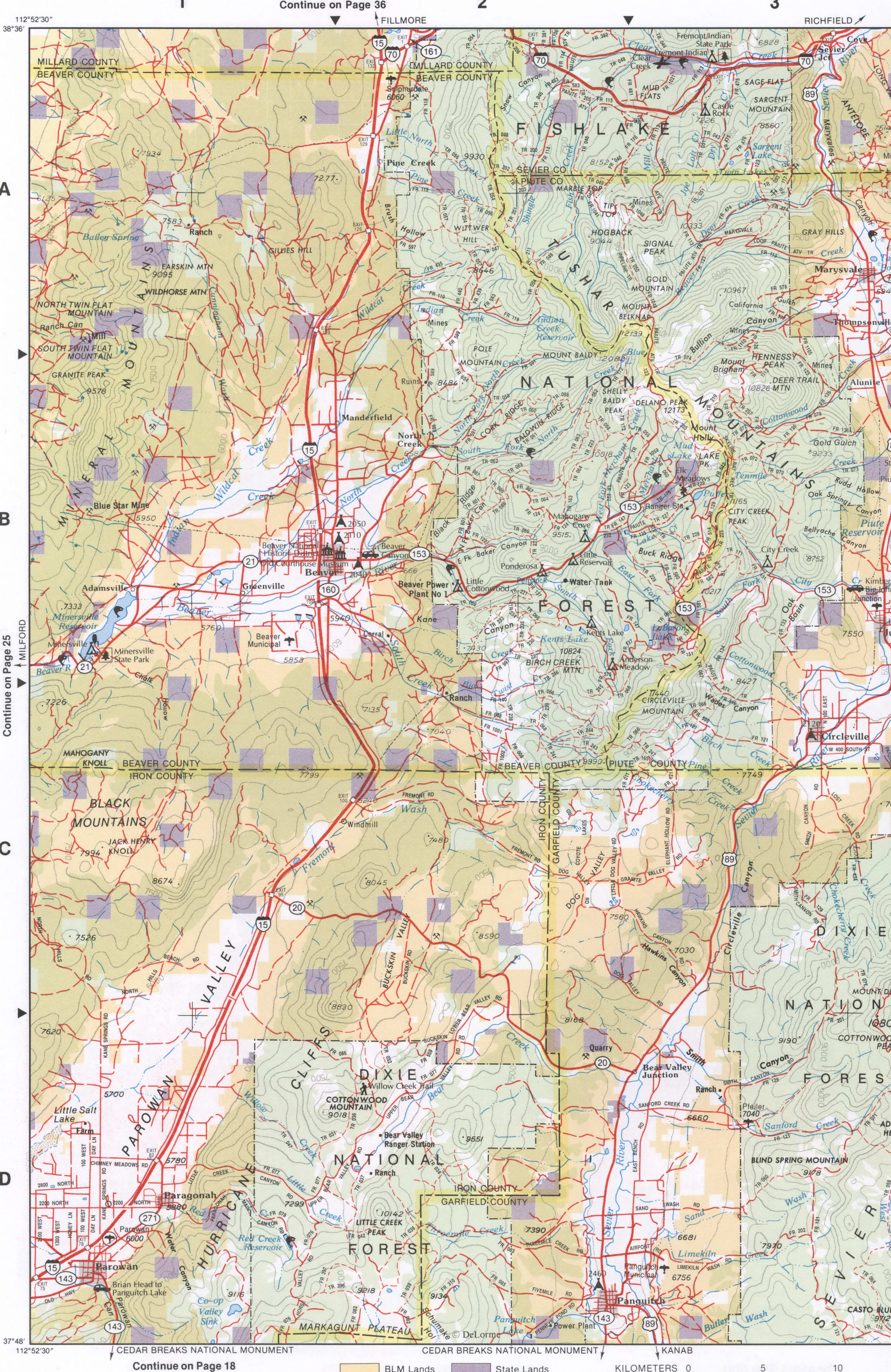 Topographic map of Southwestern Utah - Beaver CO, Piuta CO, and Iron CO