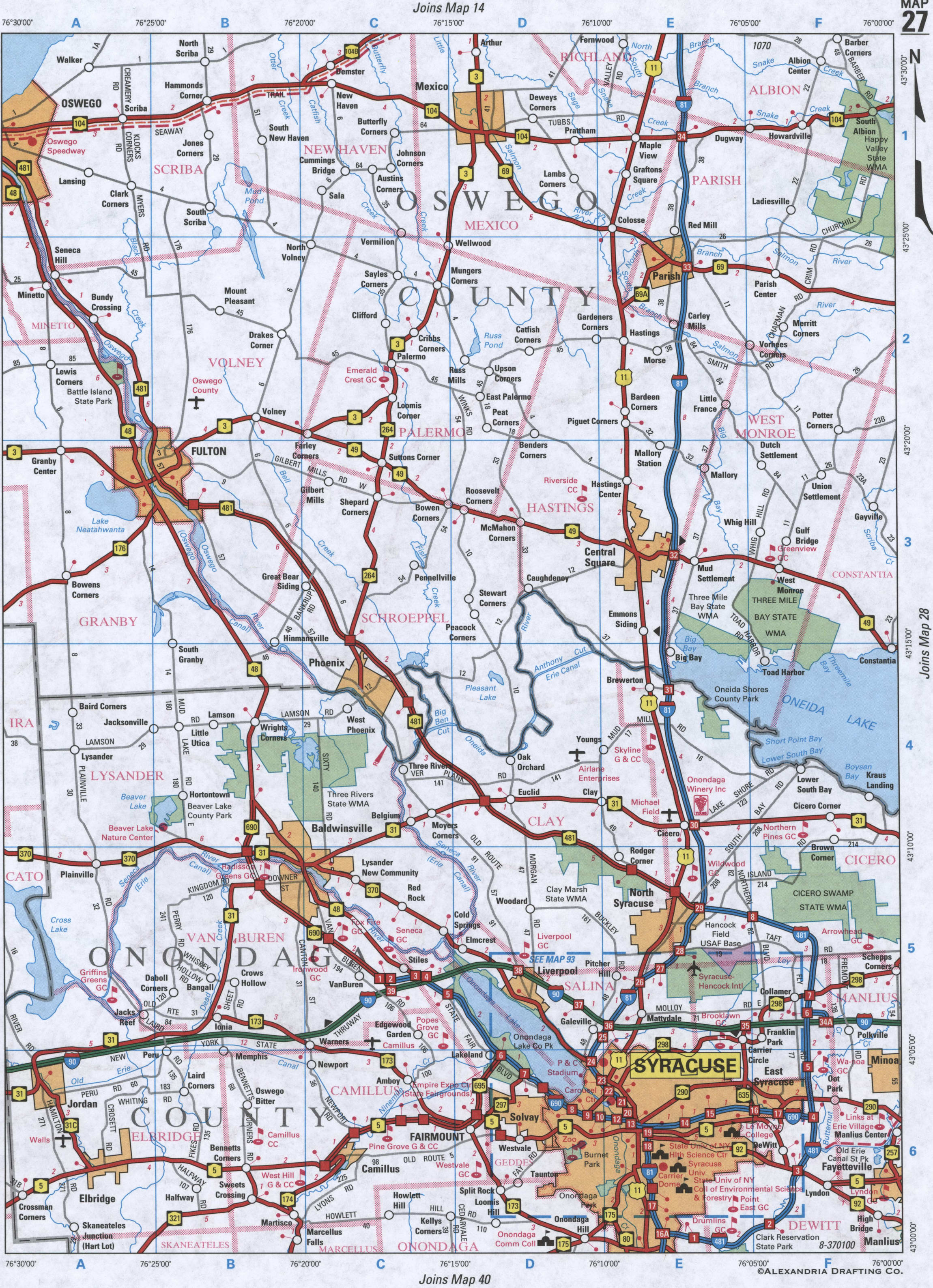 map of Oswego and Onondaga Counties
