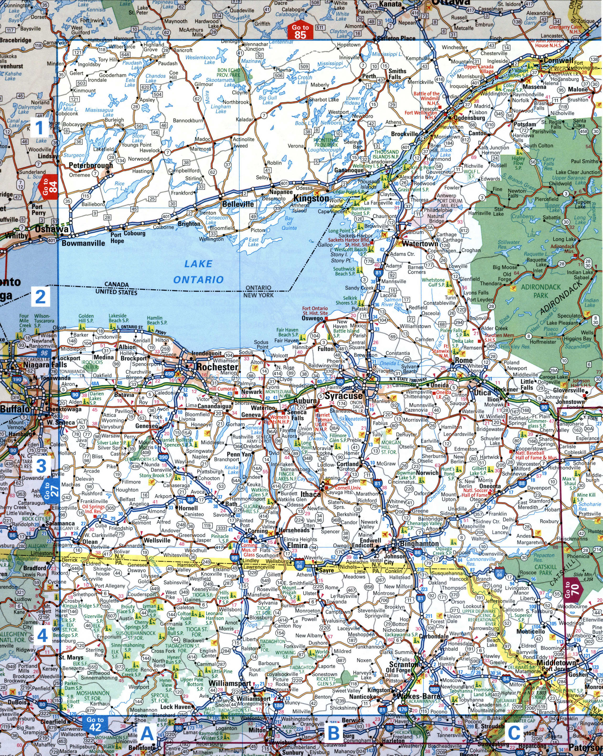 Detailed map of northern New York state with cities and roads. Map of the Syracuse and Rochester area