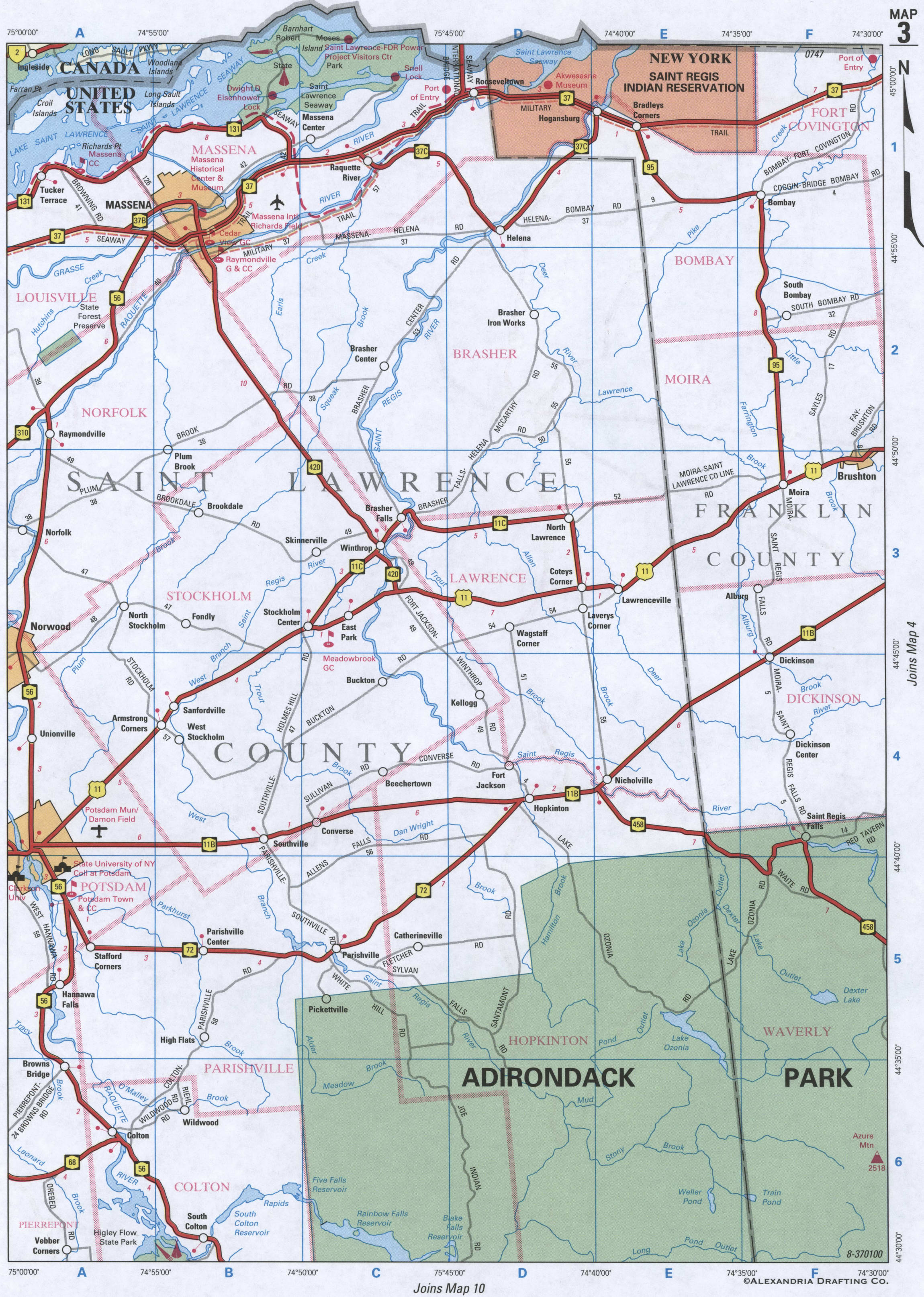 map of Saint Lawrence County and Franklin County