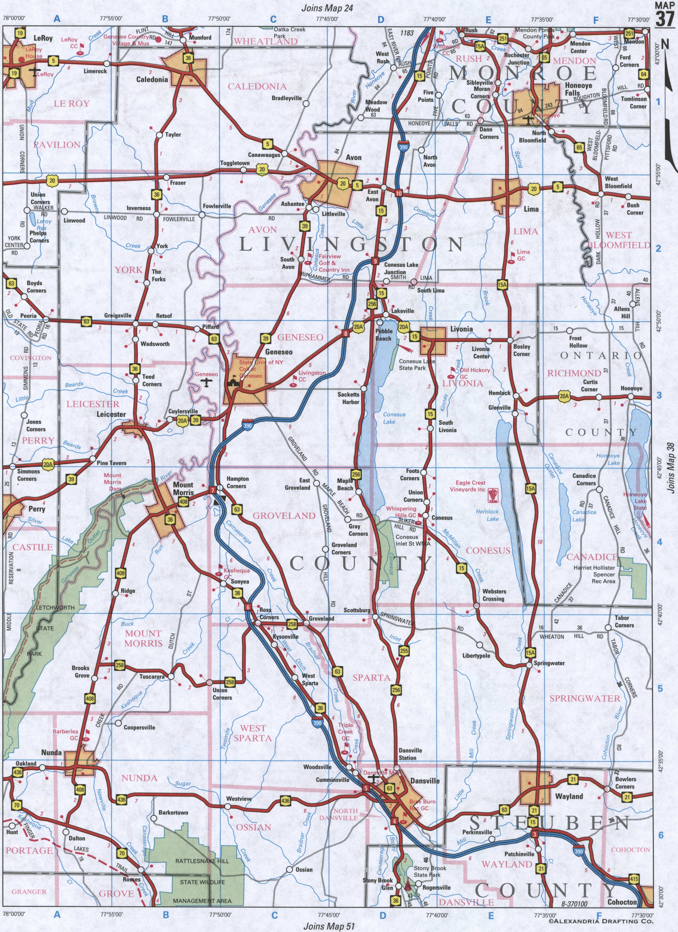 map of Livingston County NY and Monroe County NY