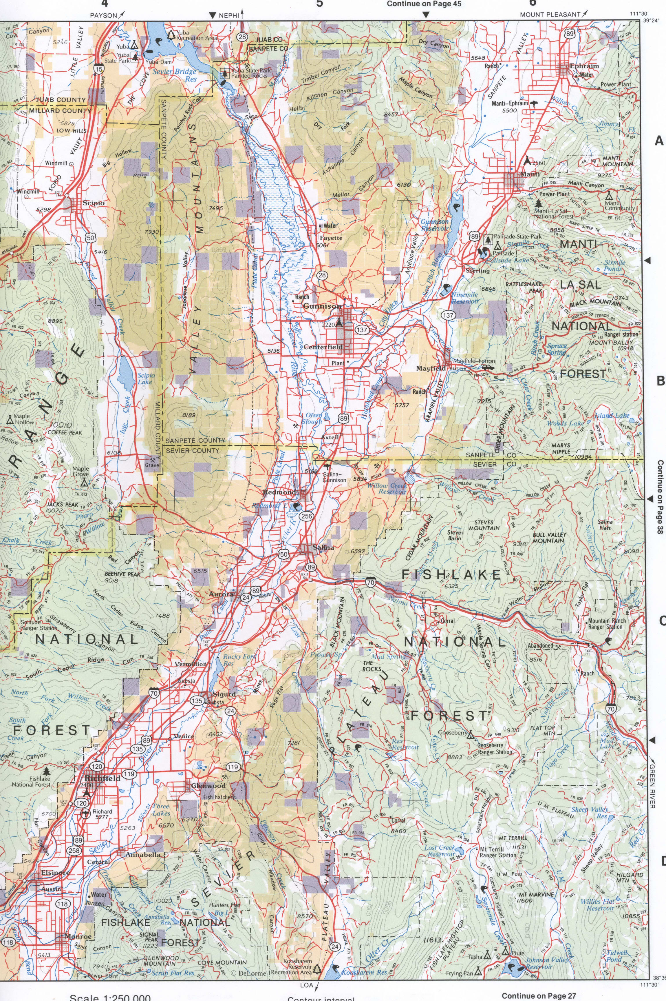 Topographic map of Southwestern Utah - Sanpete CO and Sevier CO