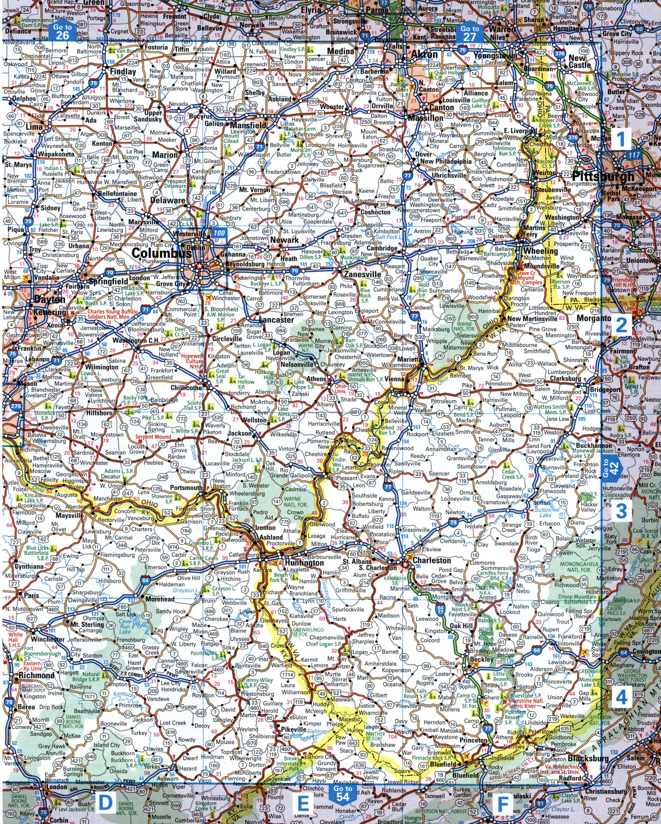 map of the Columbus area. A large-scale map of south Ohio with cities and towns.