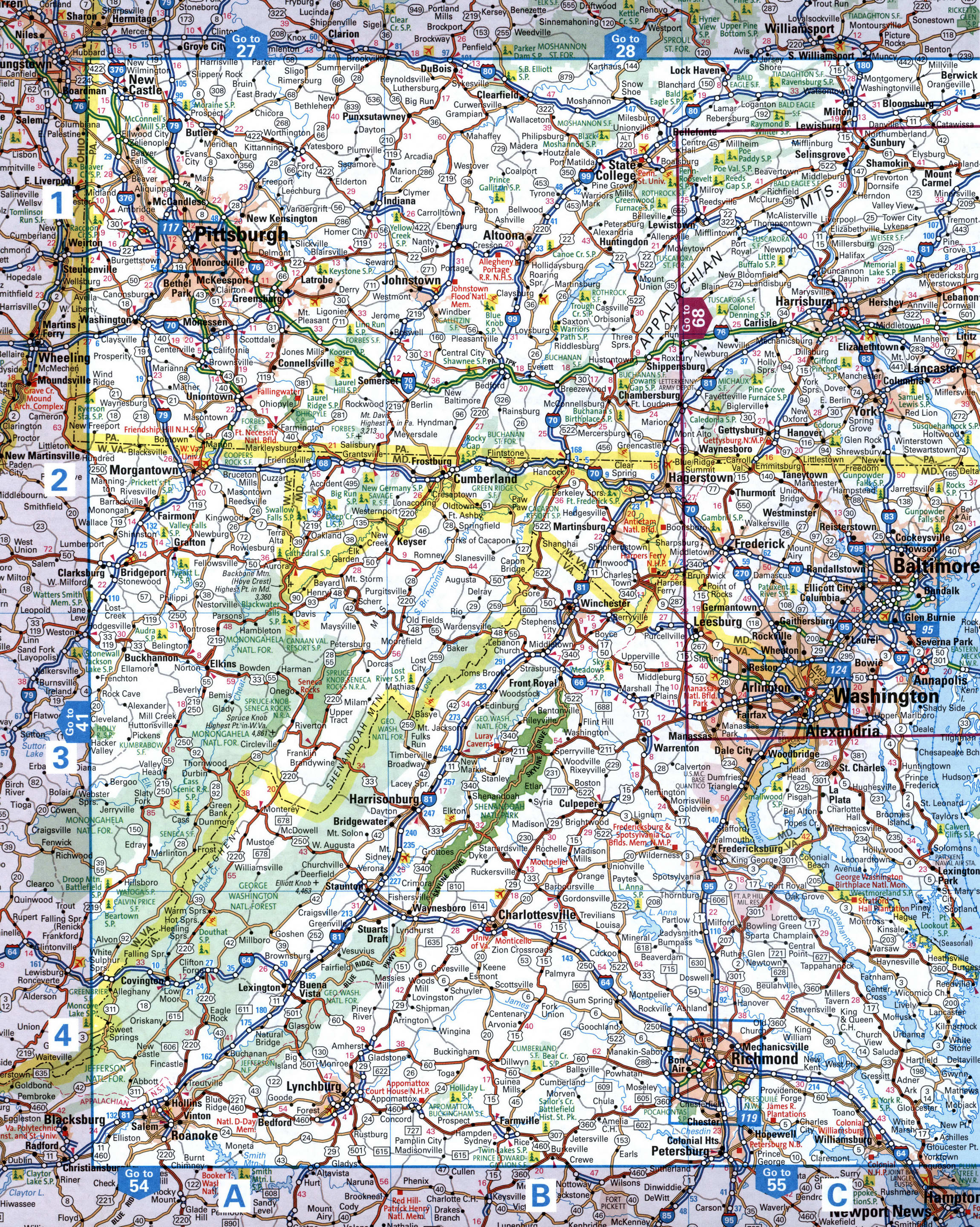 map of the Pittsburg, Washington and Baltimore area