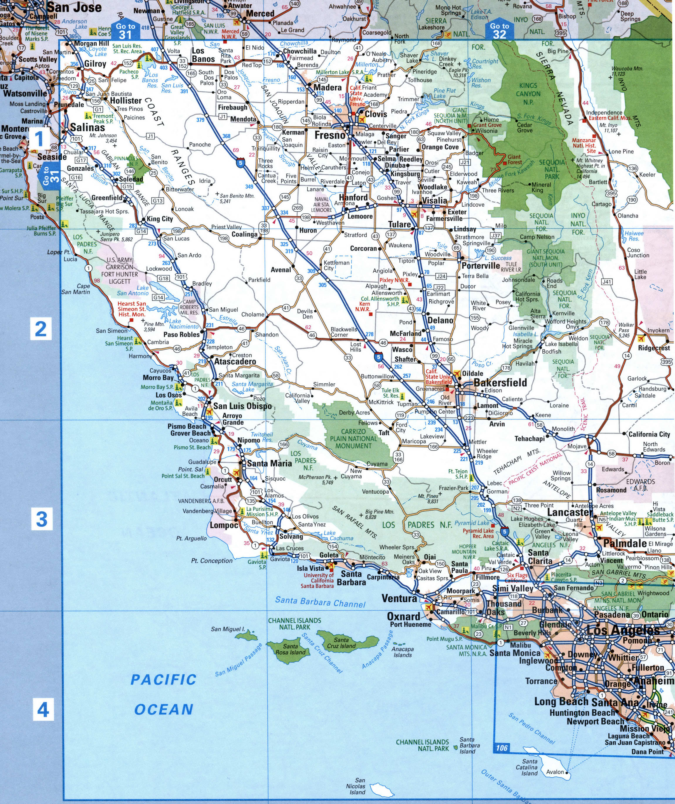 map of the Fresno and Bakersfield area, California