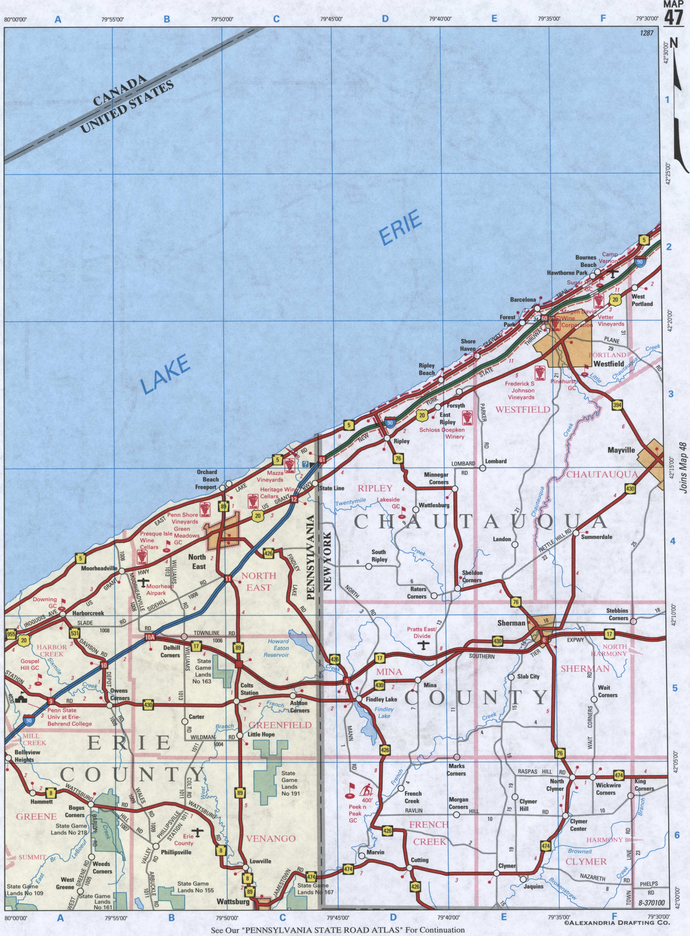 map of Chautauqua County NY and Erie County PA