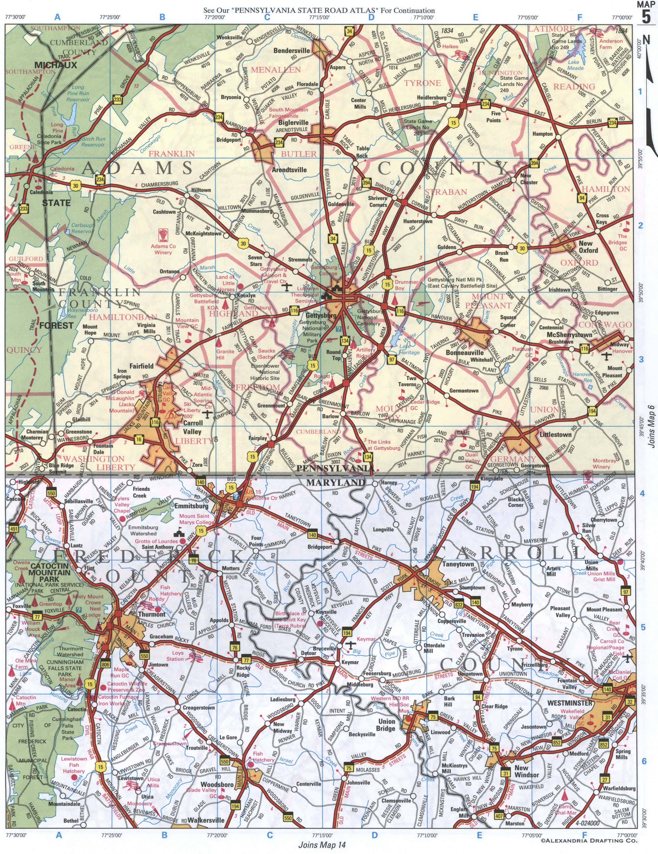 map of Frederick and Carroll Counties, Maryland. Map of Adams CO PA