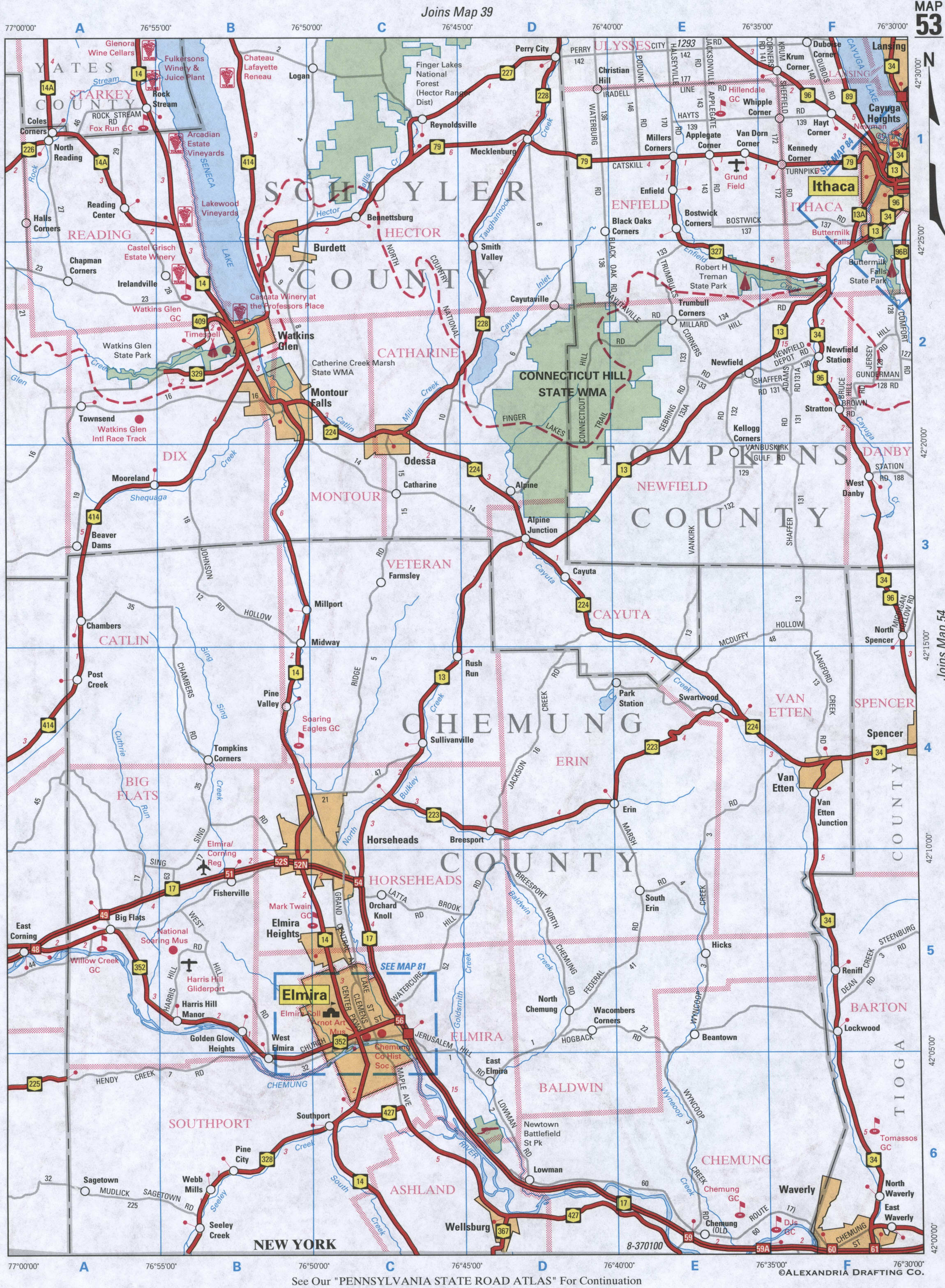 map of Chemung County NY and Schuyler County NY