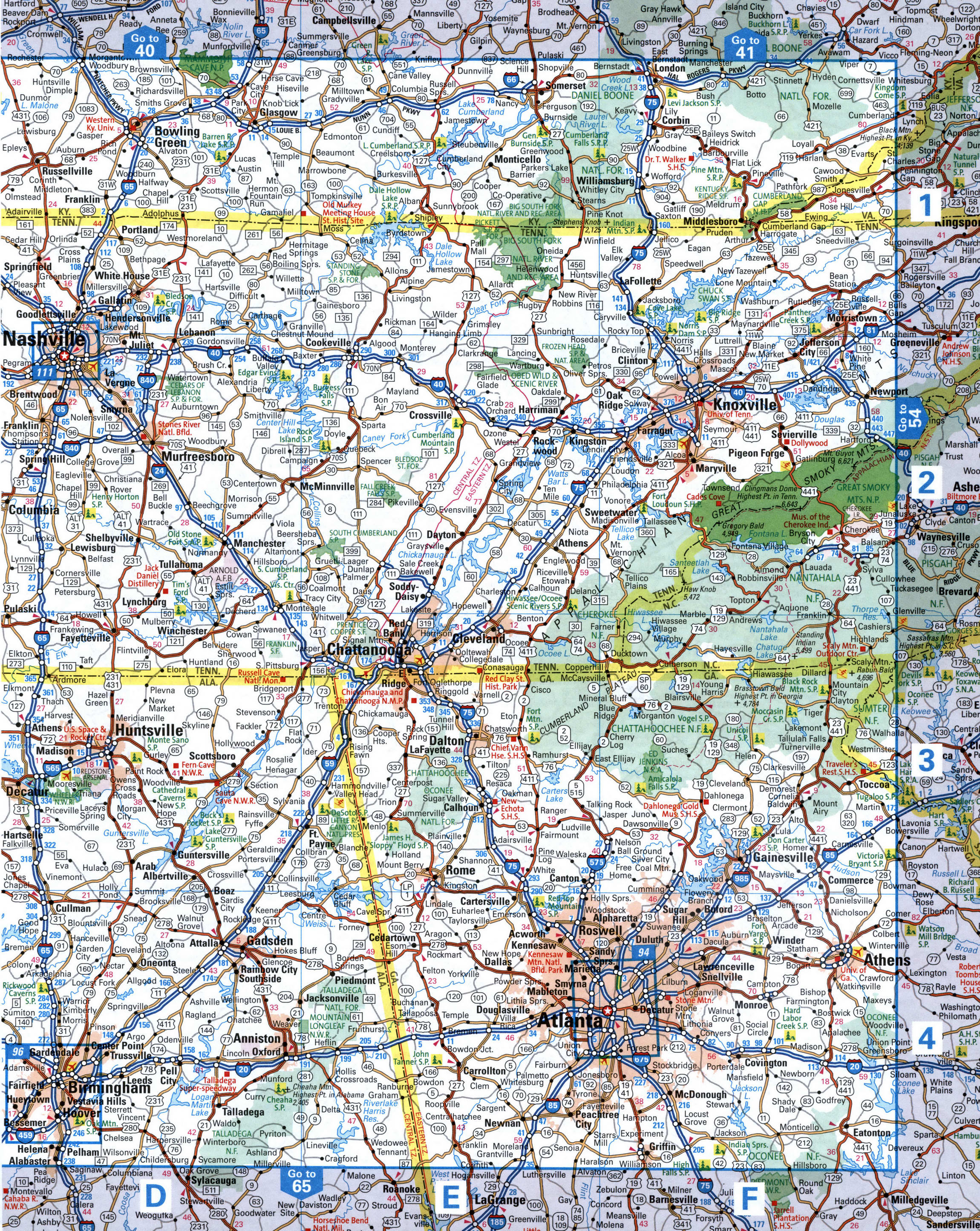 Detailed map of northwestern Georgia and Tennessee. Map of the Atlanta, Nashville, and Chattanooga area