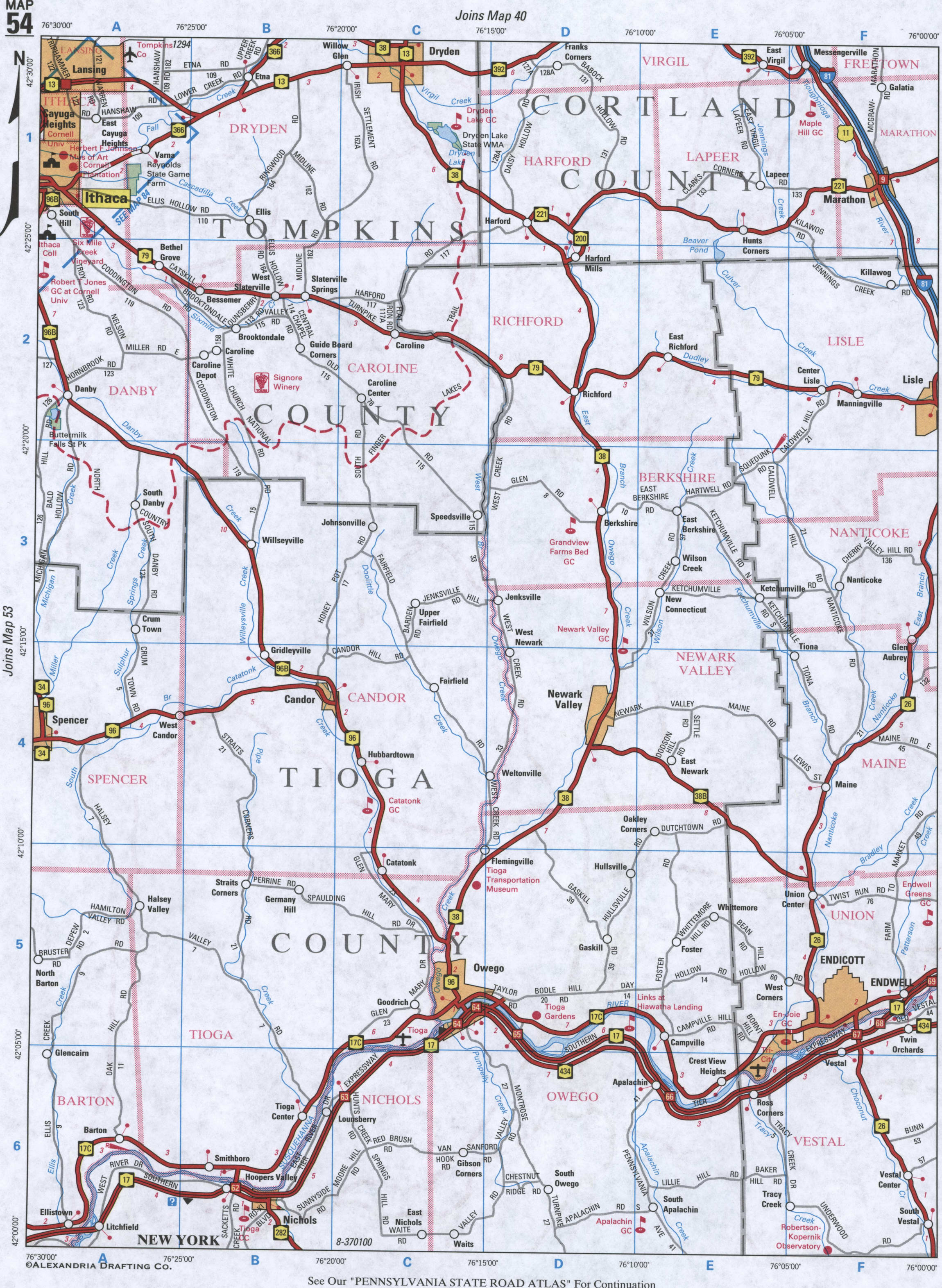 map of Tompkins County NY and Tioga County NY