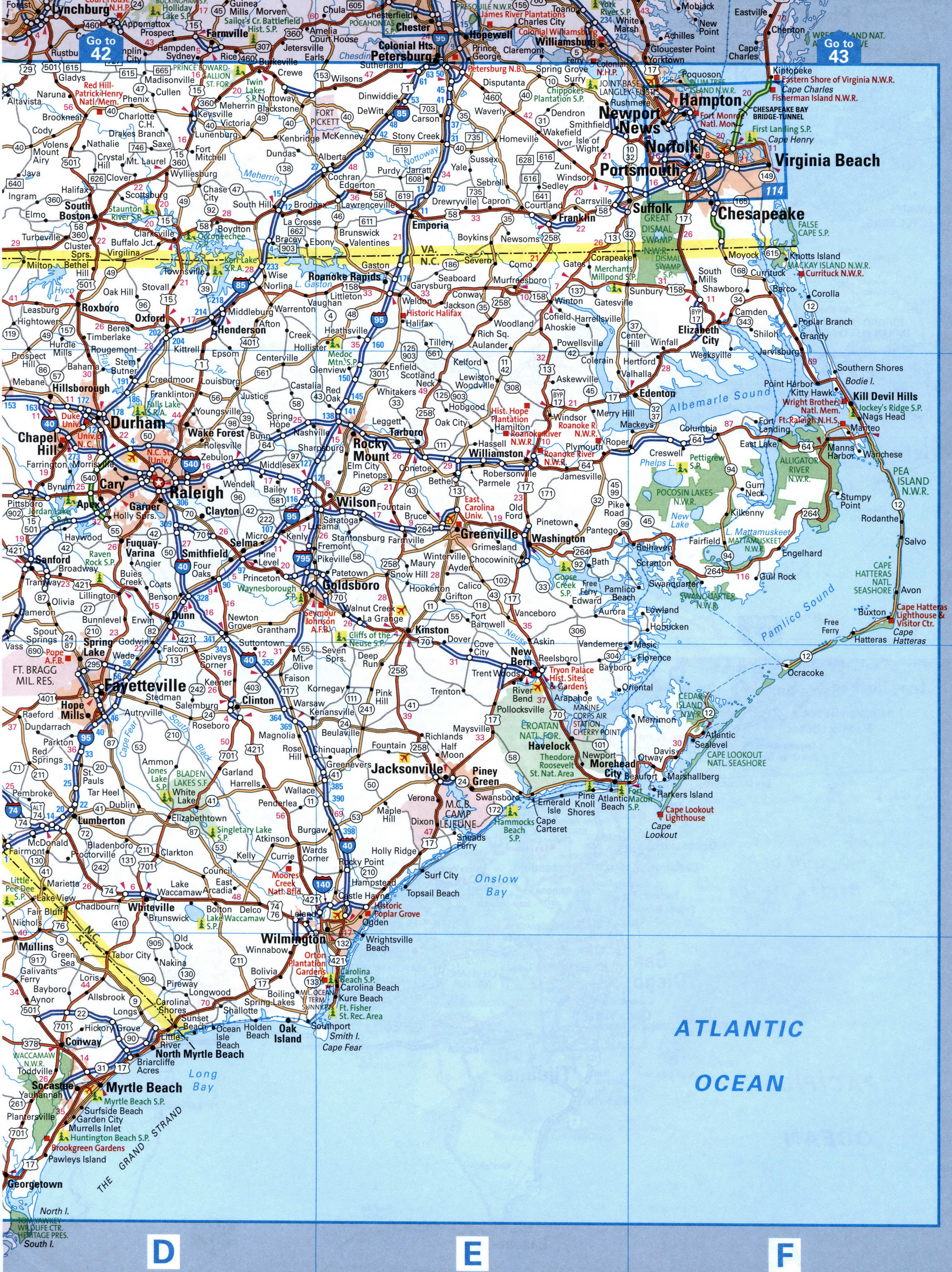 Detailed map of eastern North Carolina with cities and roads. Map of the Raleigh and Fayetteville area