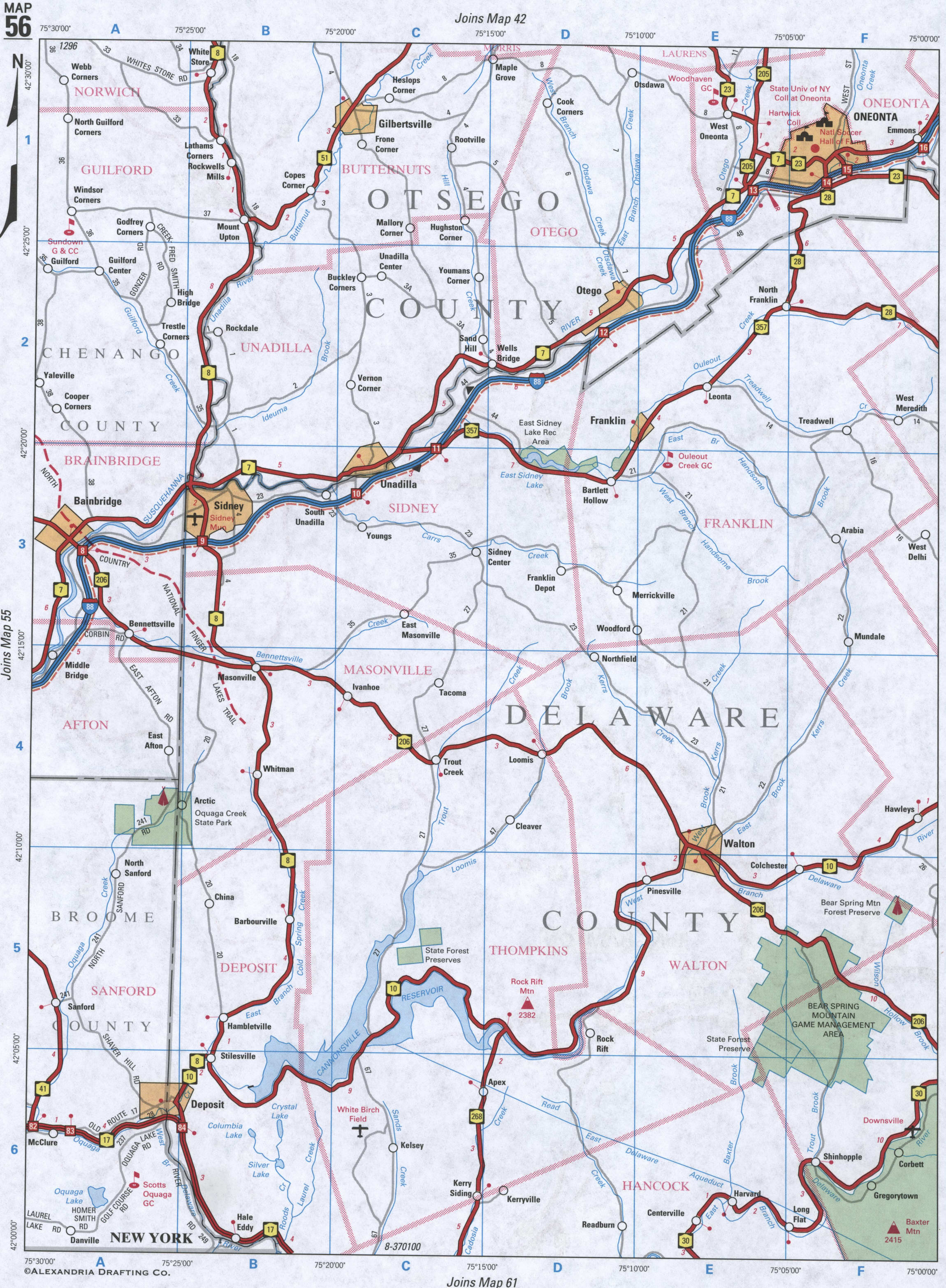 map of Otsego County NY and Delaware County NY
