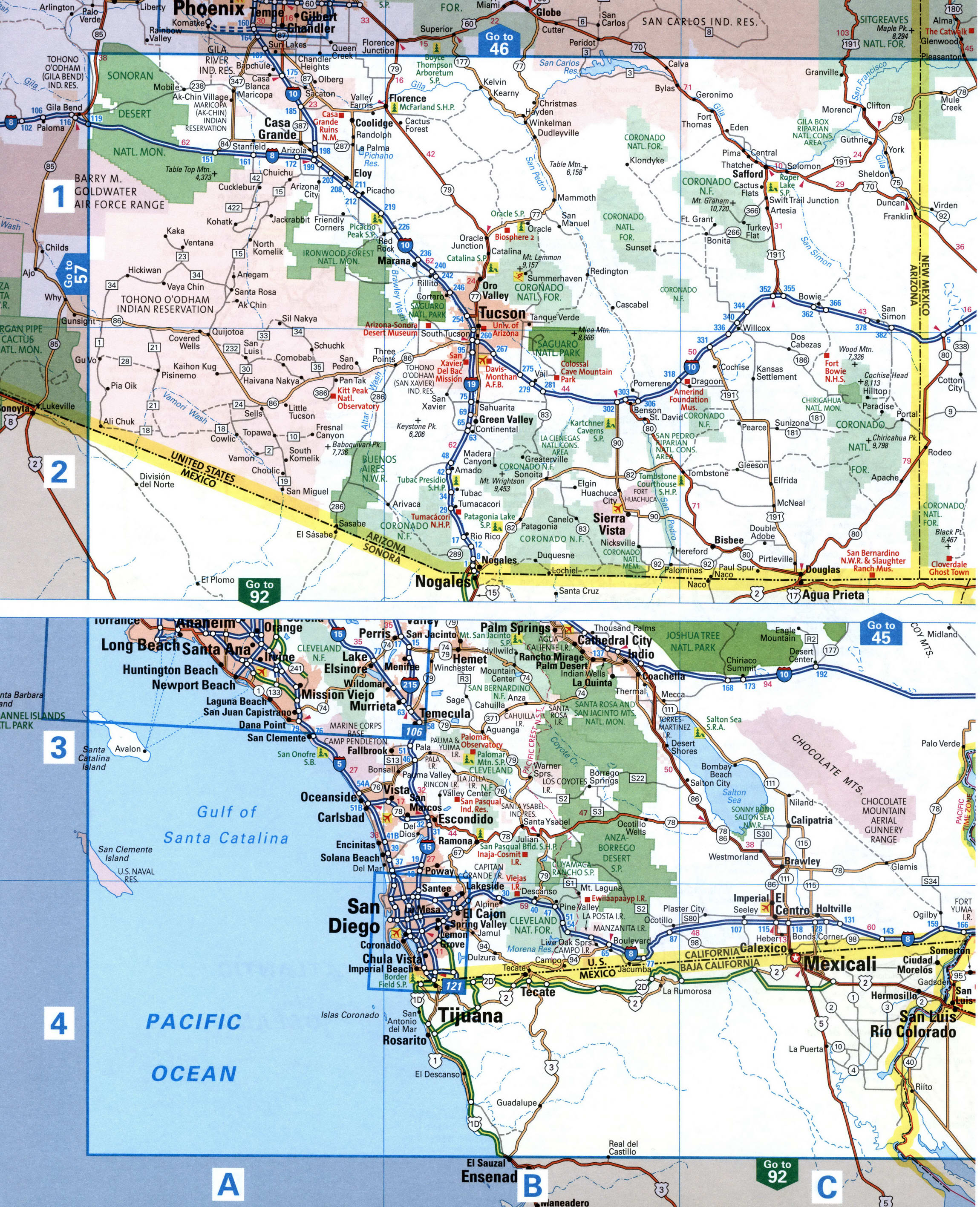 Map of southern Arizona with cities and roads. Map of the Tucson and Phoenix area