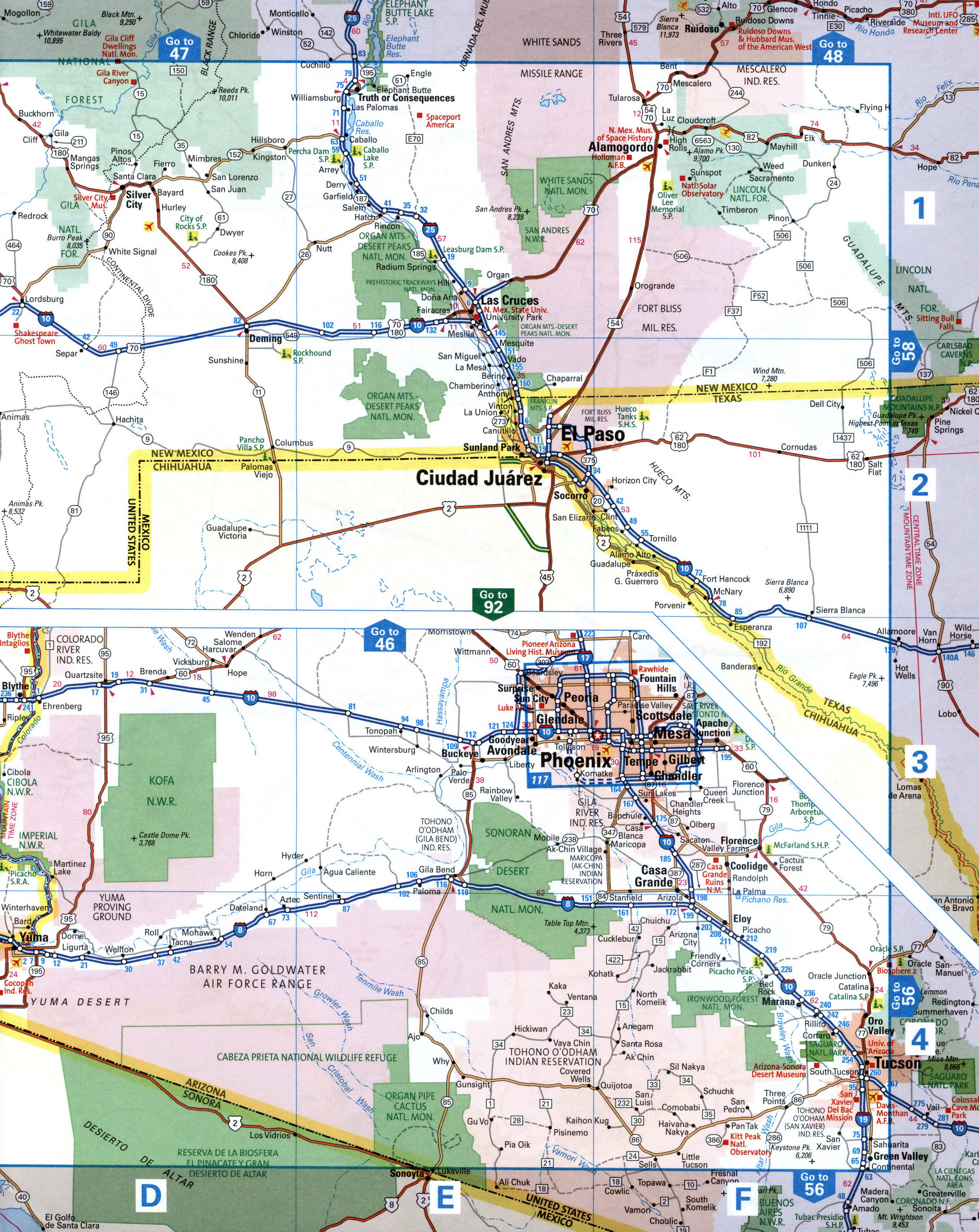 Map of southern part of New Mexico State. Map of El Paso area.