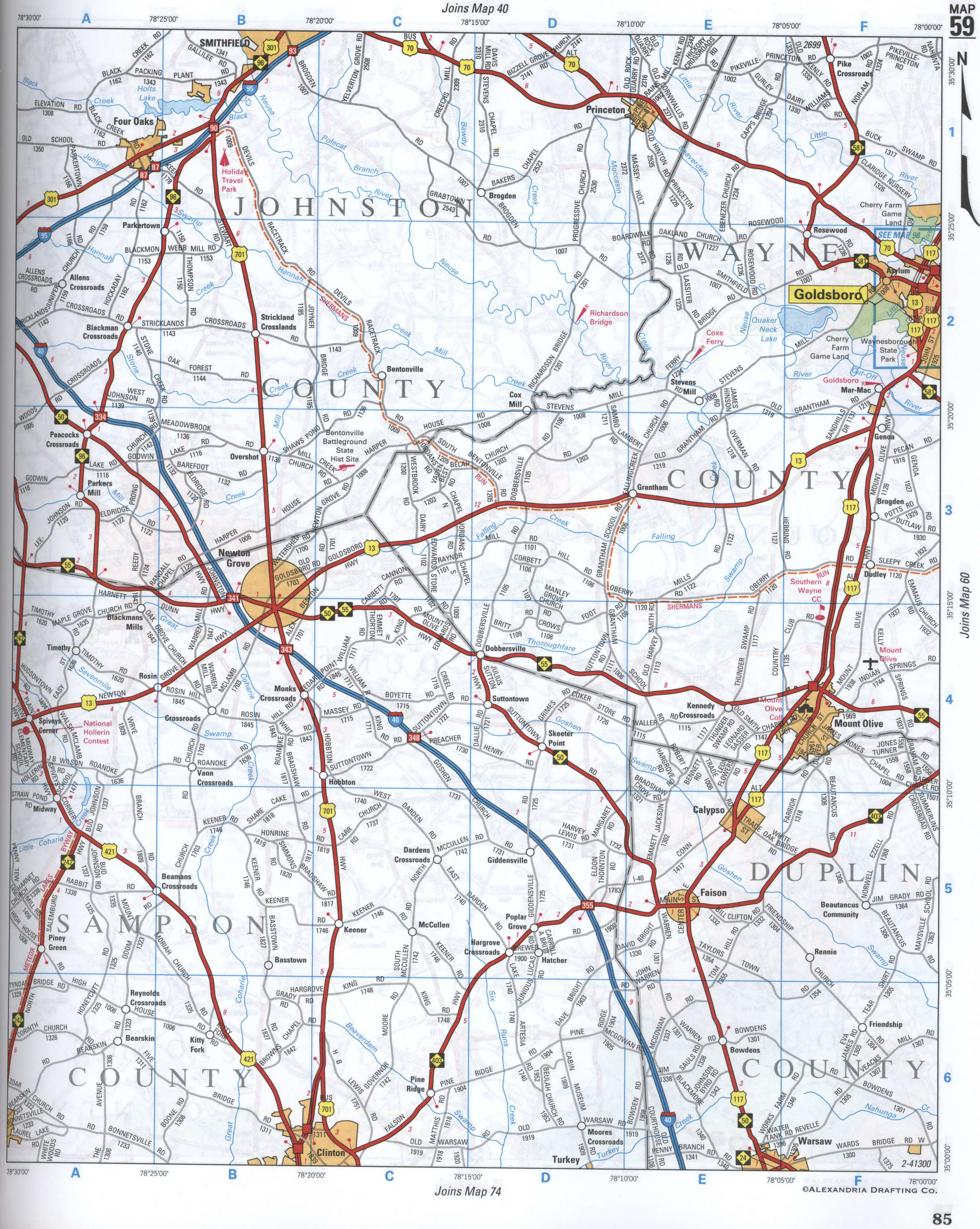 map of Johnston CO, Wayne CO, and Sampson CO, North Carolina