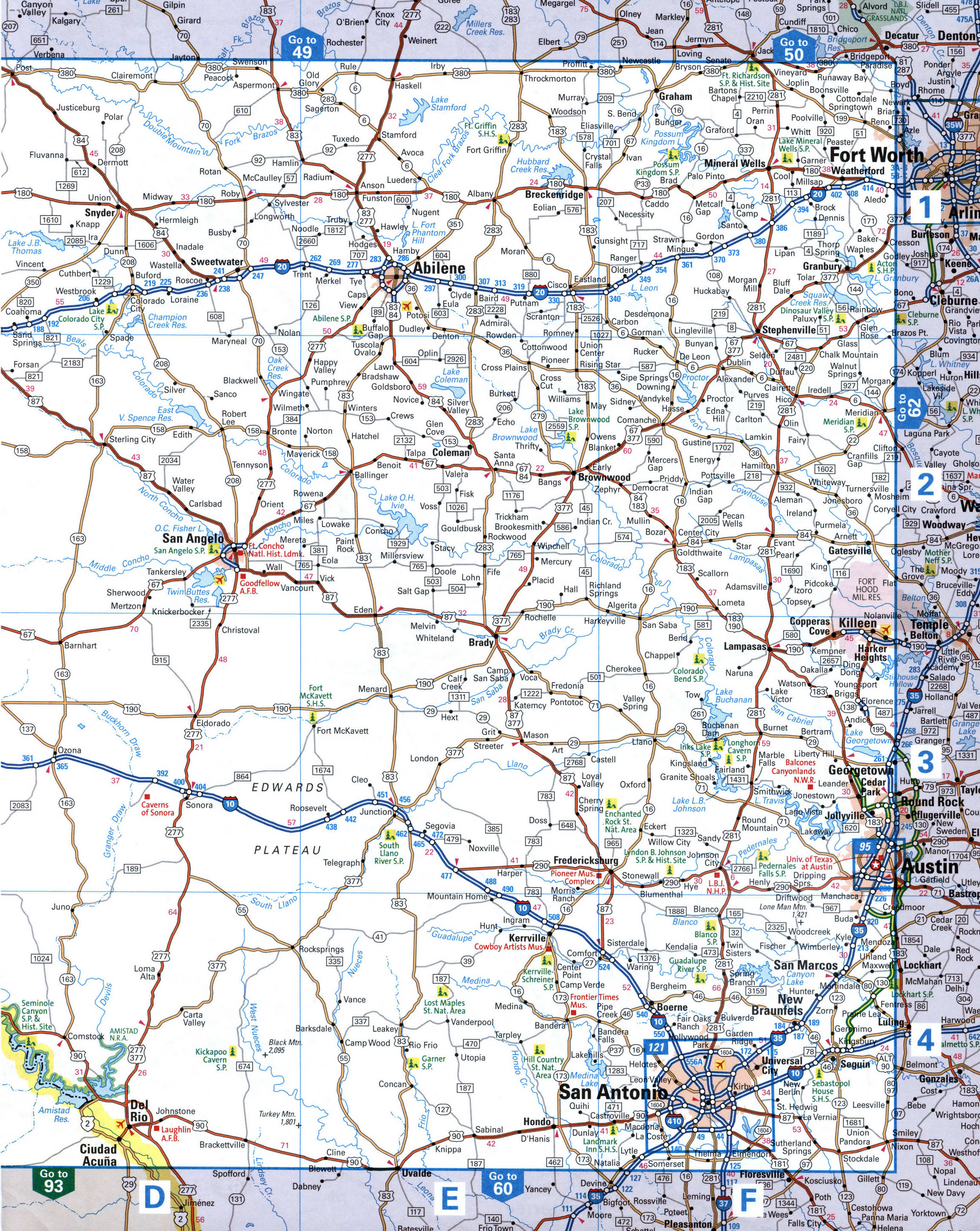 Map of Texas with cities and roads. Map of the San Antonio and Abilene area