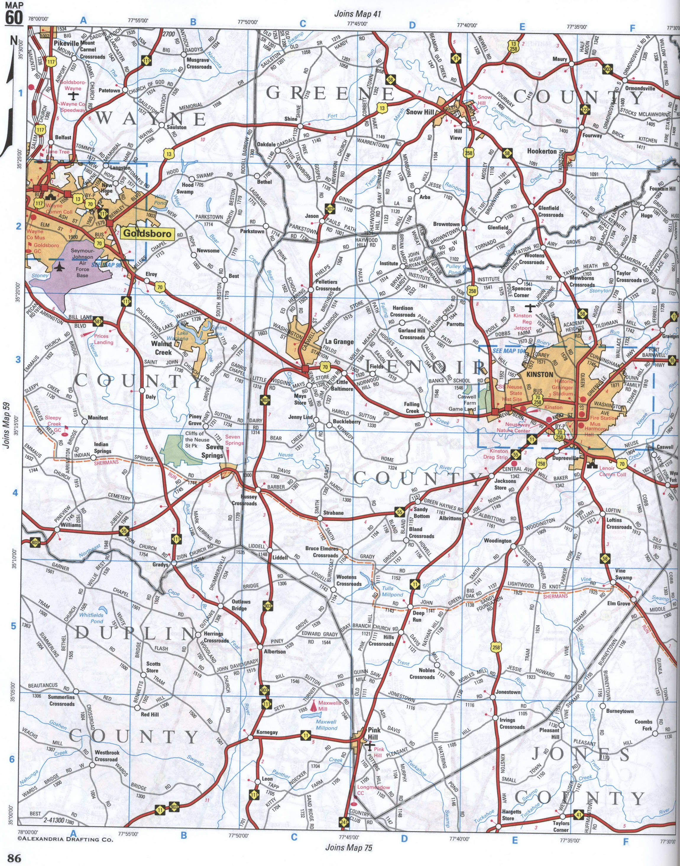 map of Wayne CO, Lenoir CO, and Greene CO, North Carolina