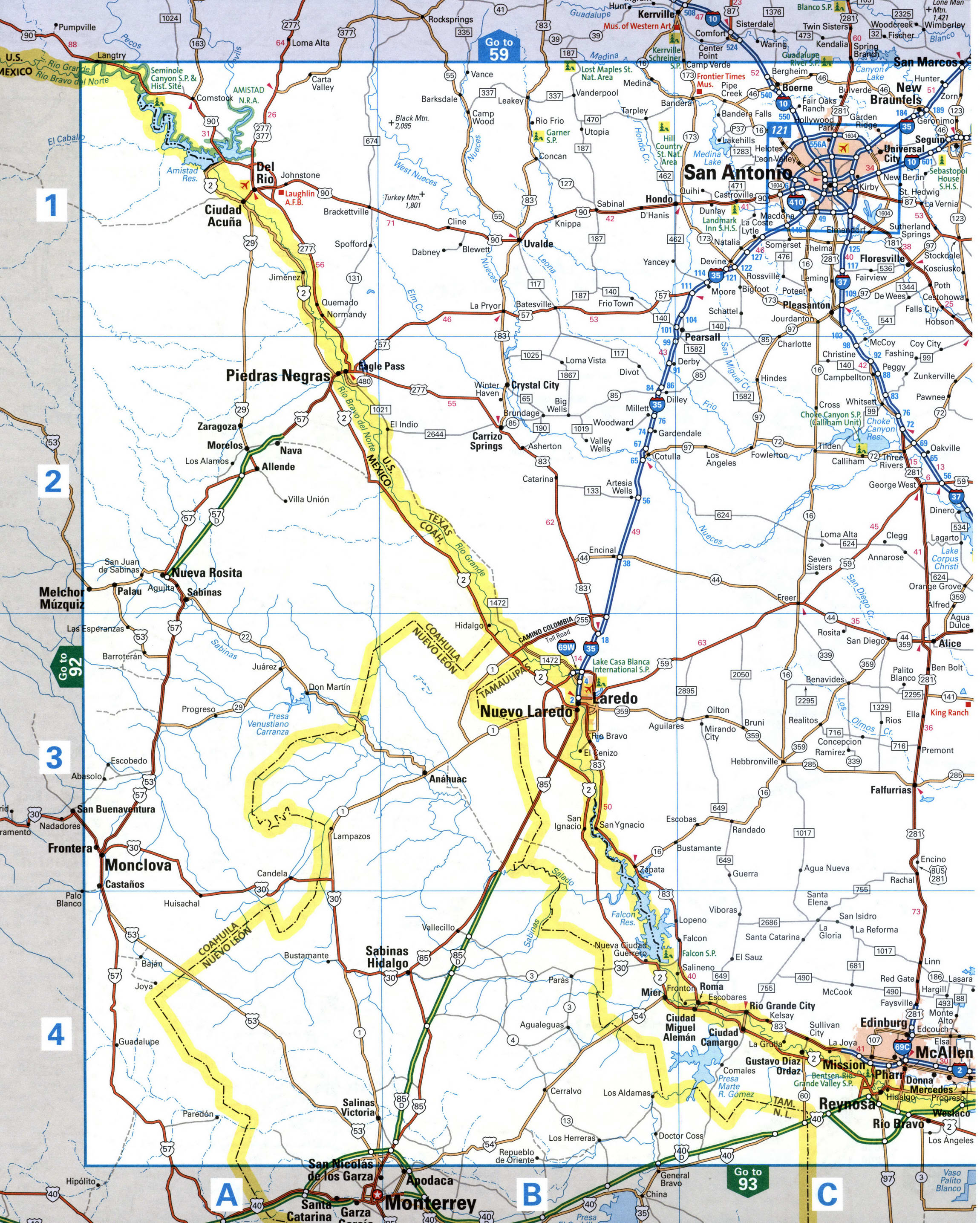 Map of southern Texas with cities and roads. Map of the San Antonio area