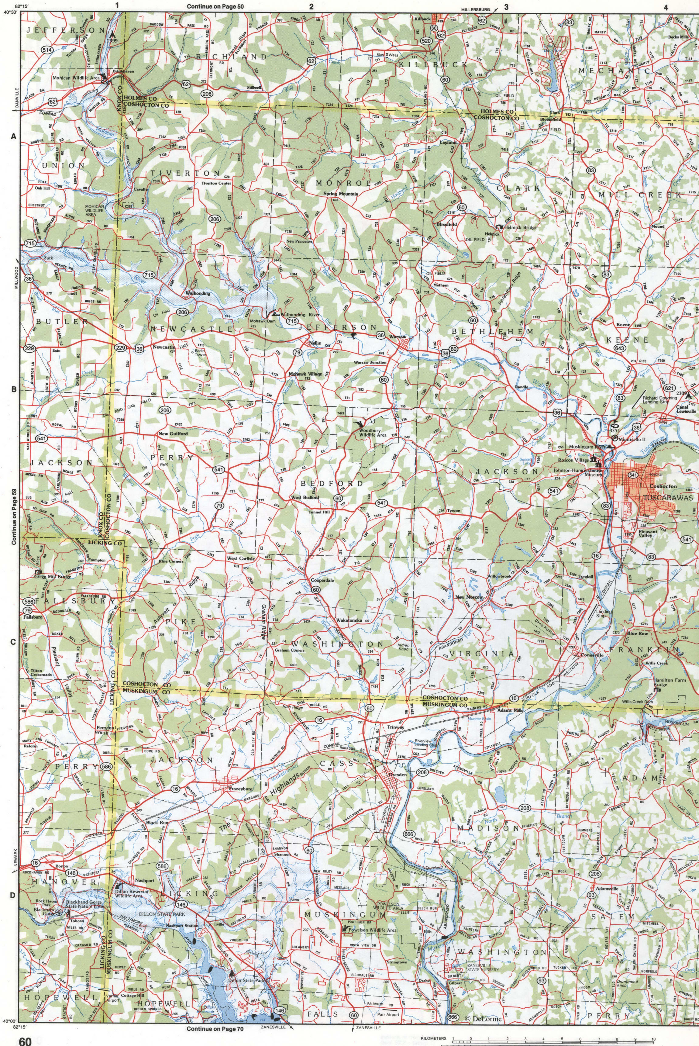 Map of Southeastern Ohio - Coshocton CO and Muskingum CO