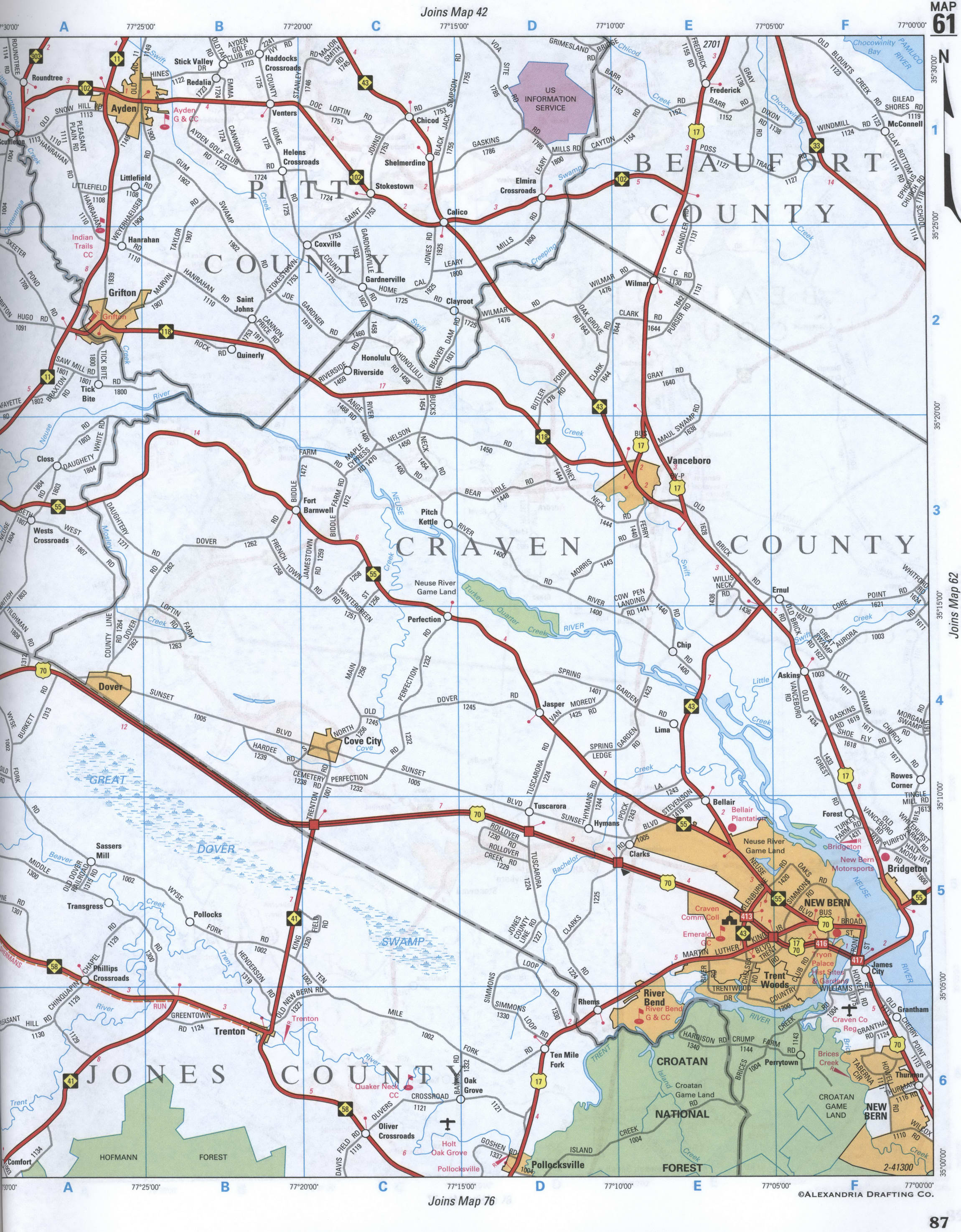 map of Pitt CO, Jones CO, and Craven CO, North Carolina