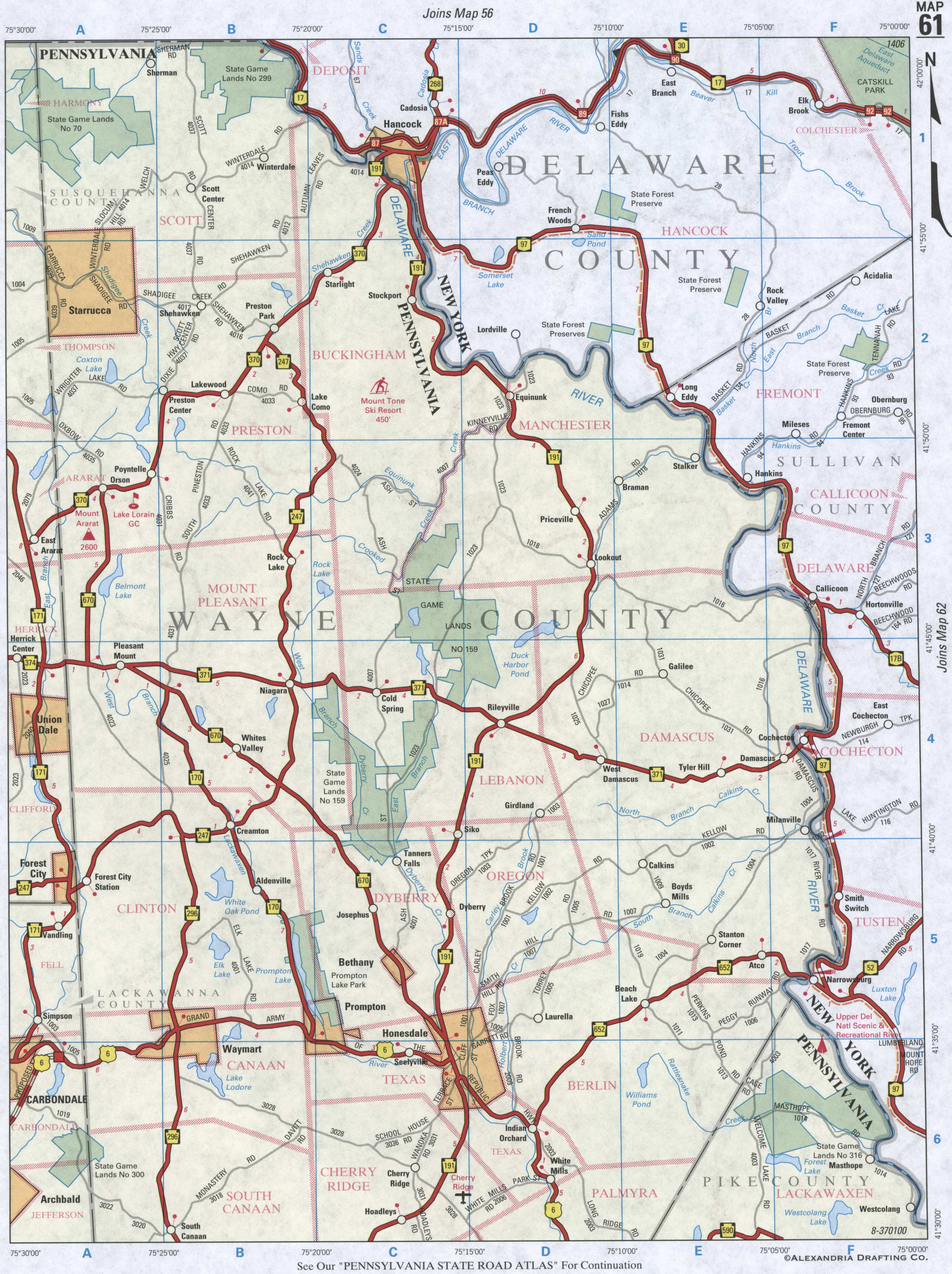 map of Delaware County NY and Wayne County PA