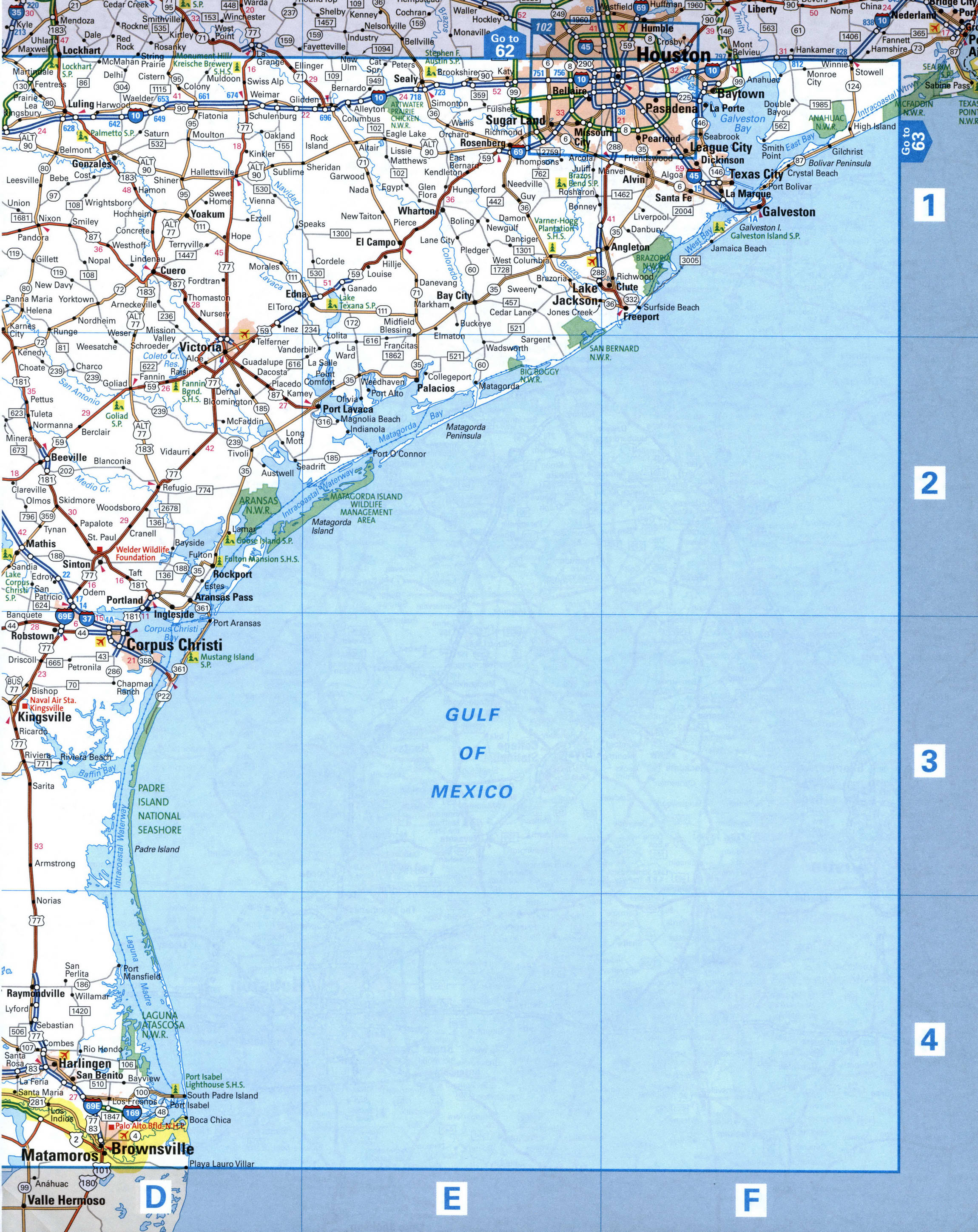 Map of southeastern Texas with cities and roads. Map of the Corpus Christi and Houston area.