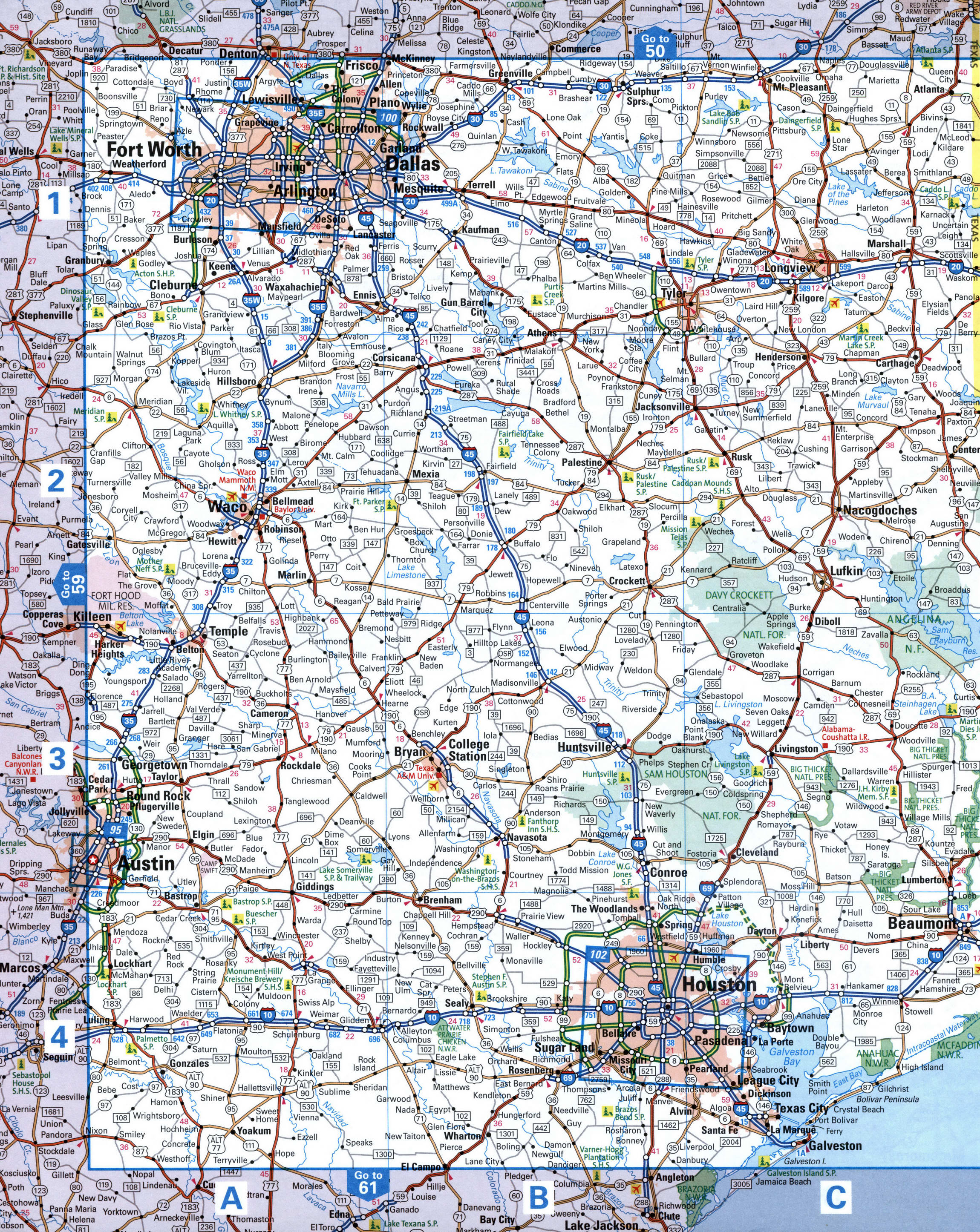 Map of southern Texas with cities and roads. Map of the Dallas and Houston area