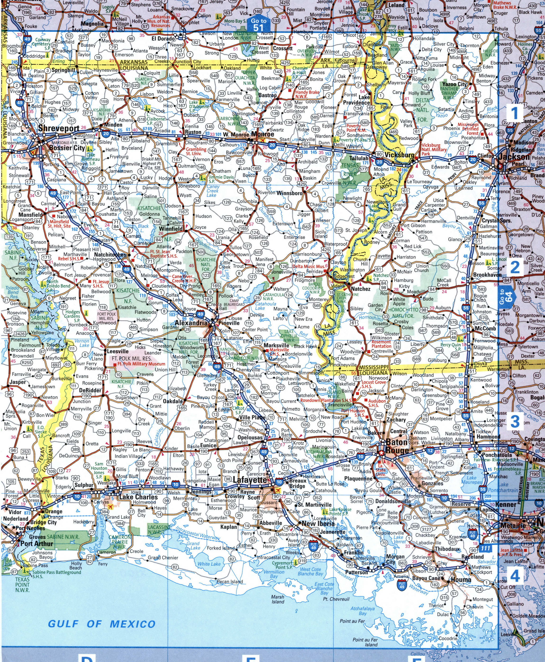 Map of western Louisiana with sities and roads. Map of the Lafaette and Baton Rouge area