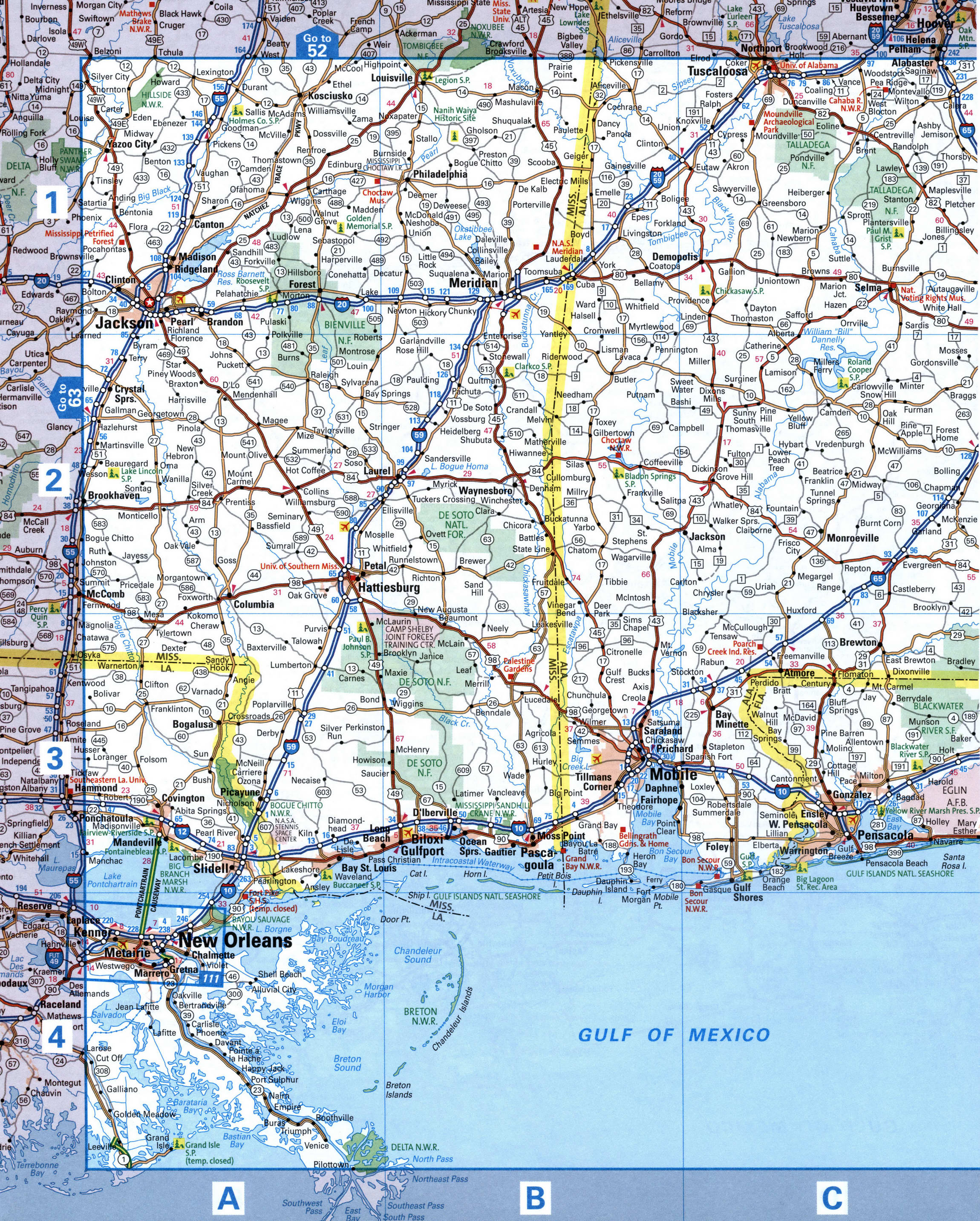 Map of eastern Mississippi and western Alabama. Map of the New Orleans and Mobile area