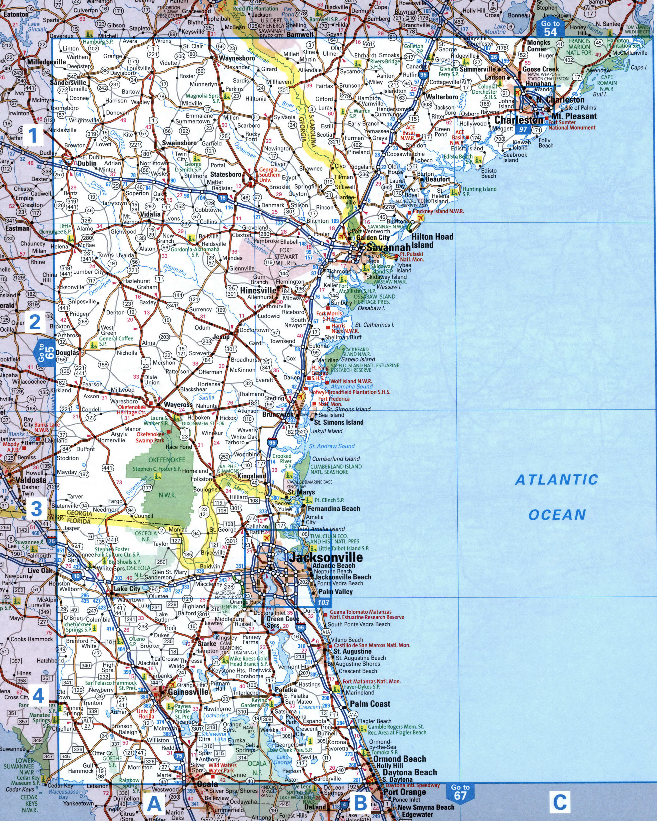 Map of eastern Georgia and northern Florida. Map of the Savannah area