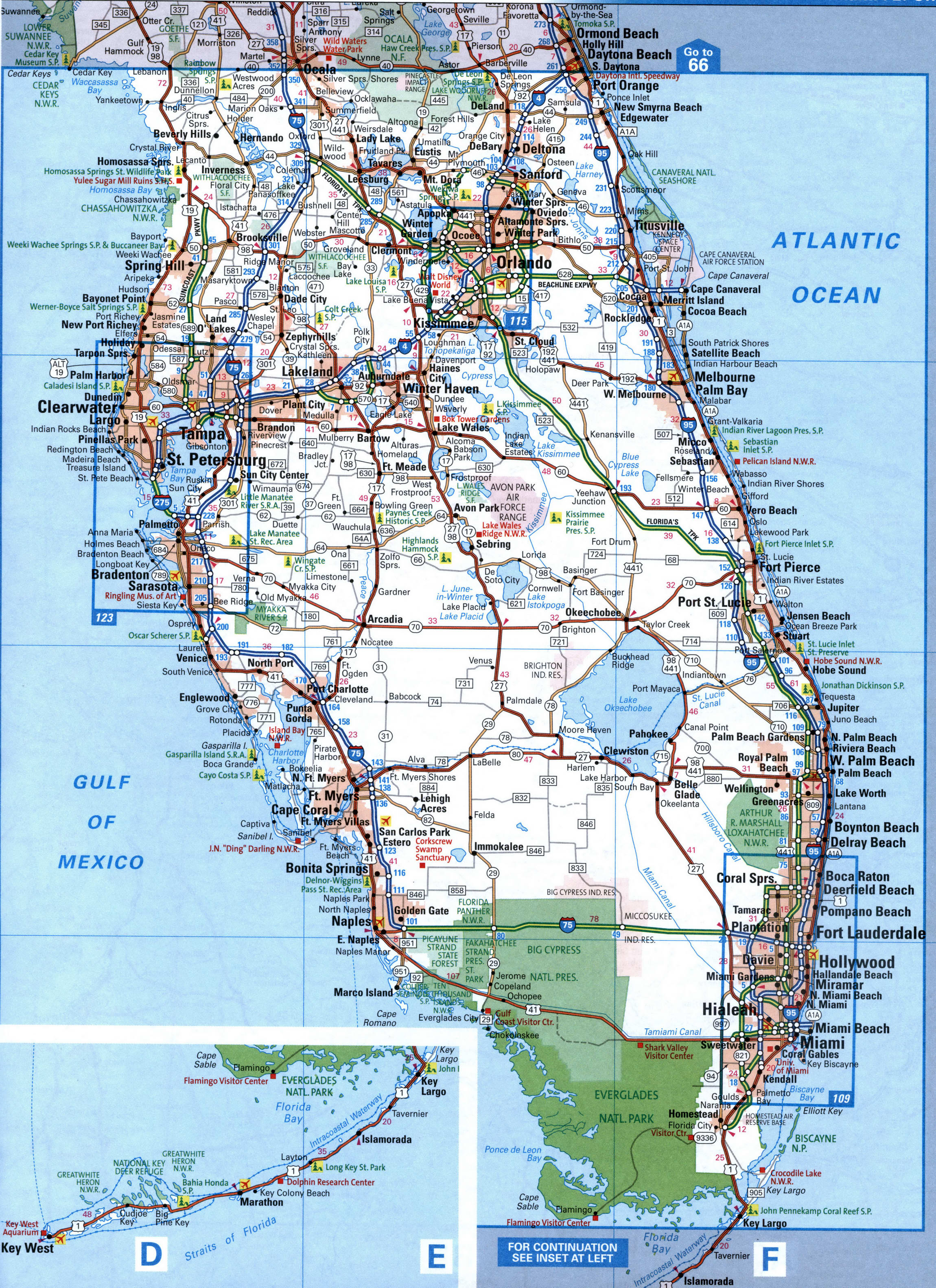 Map of southern Florida with cities and roads. 