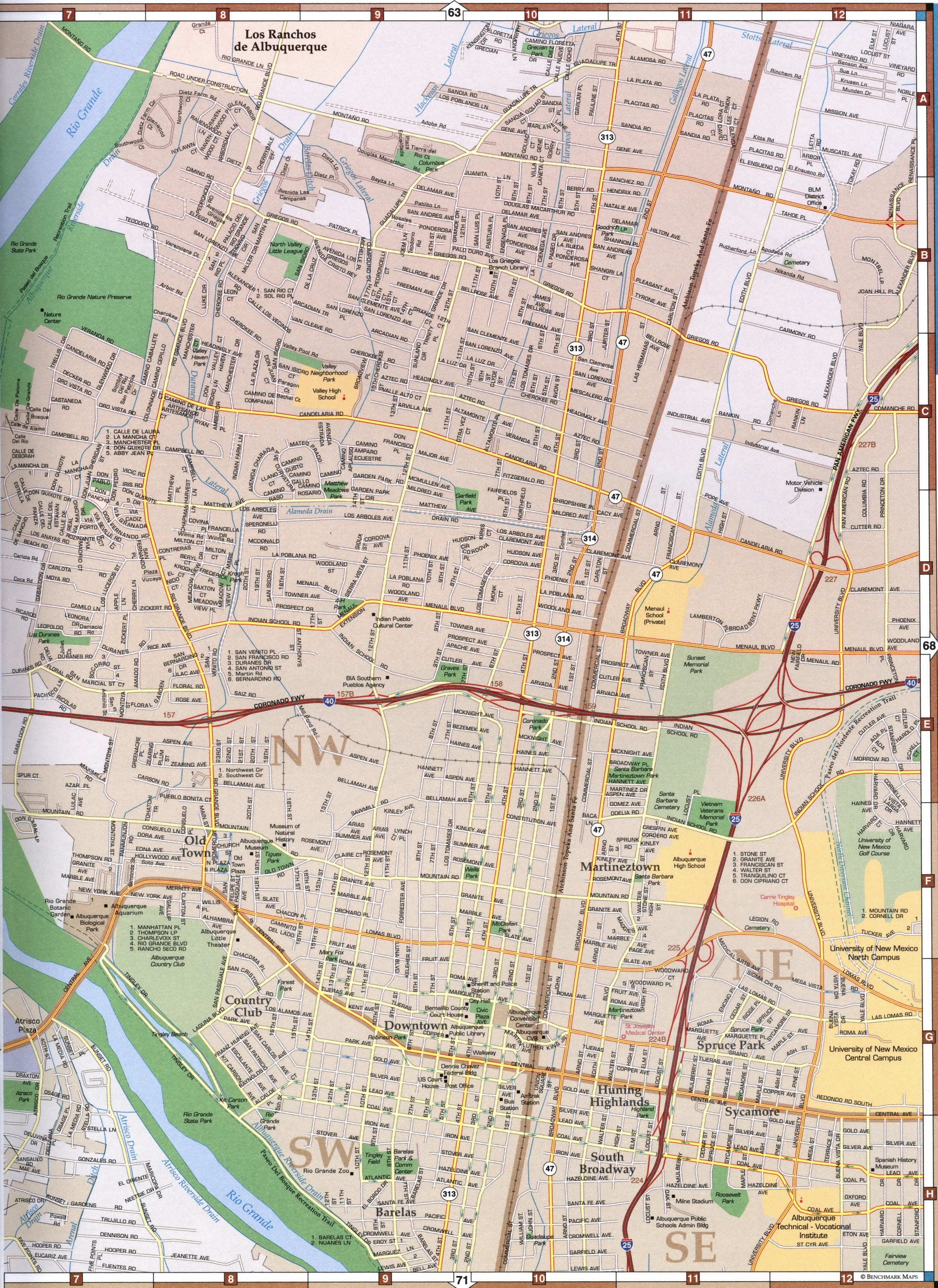 map of Albuquerque, Los Ranchos de Albuquerque, Downtown, Sycamore, South Broadway