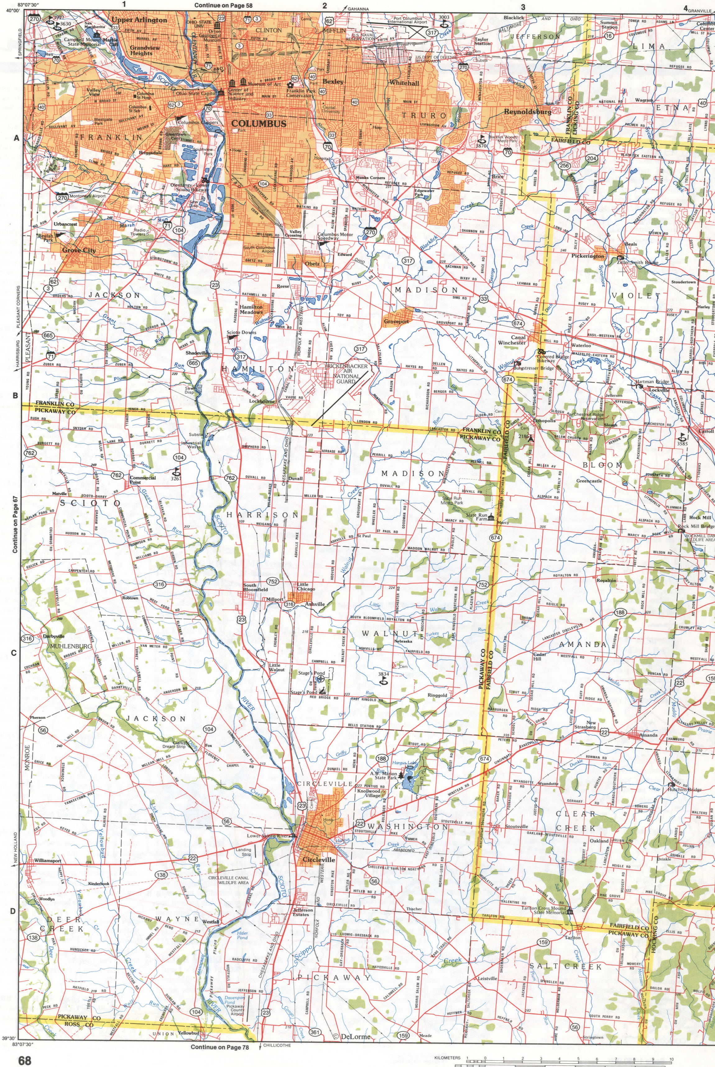 Map of Southwestern Ohio - Franklin and Pickaway counties