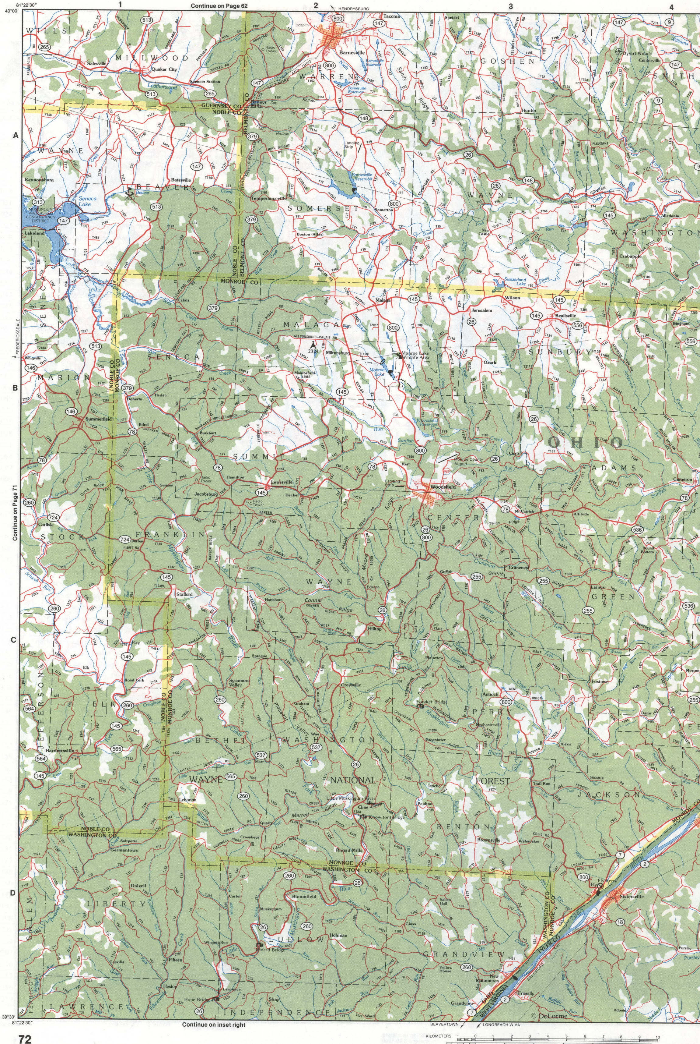 Map of Southeastern Ohio - Monroe and Washington counties