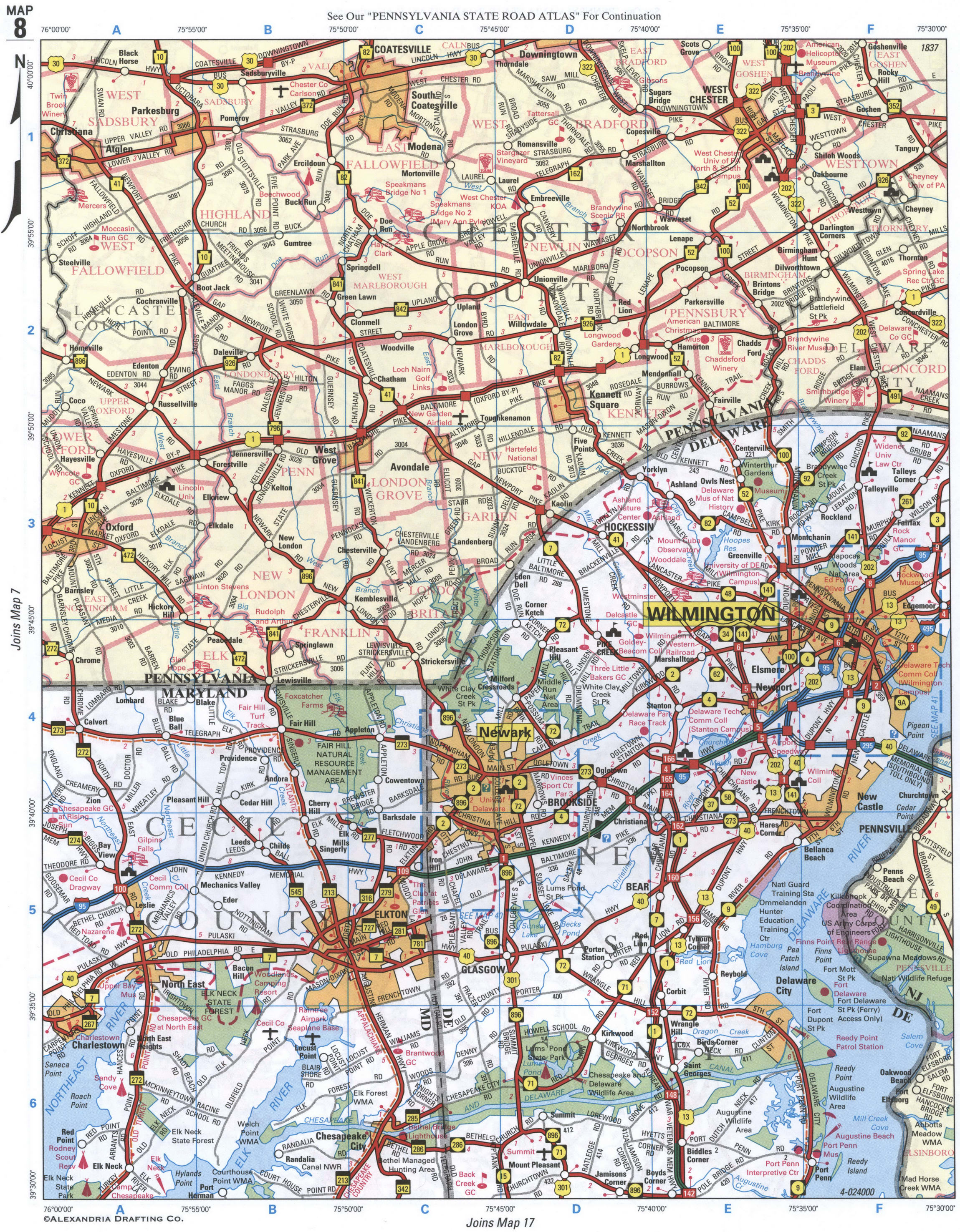 map of Cecil County MD and New Castle County DE. Map of Chester CO PA