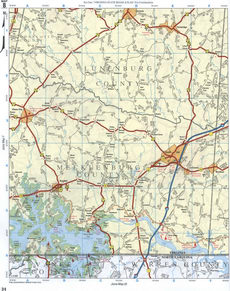 map of Warren County, North Carolina, Mecklenburg County, Virginia, and Lunenburg County, Virginia