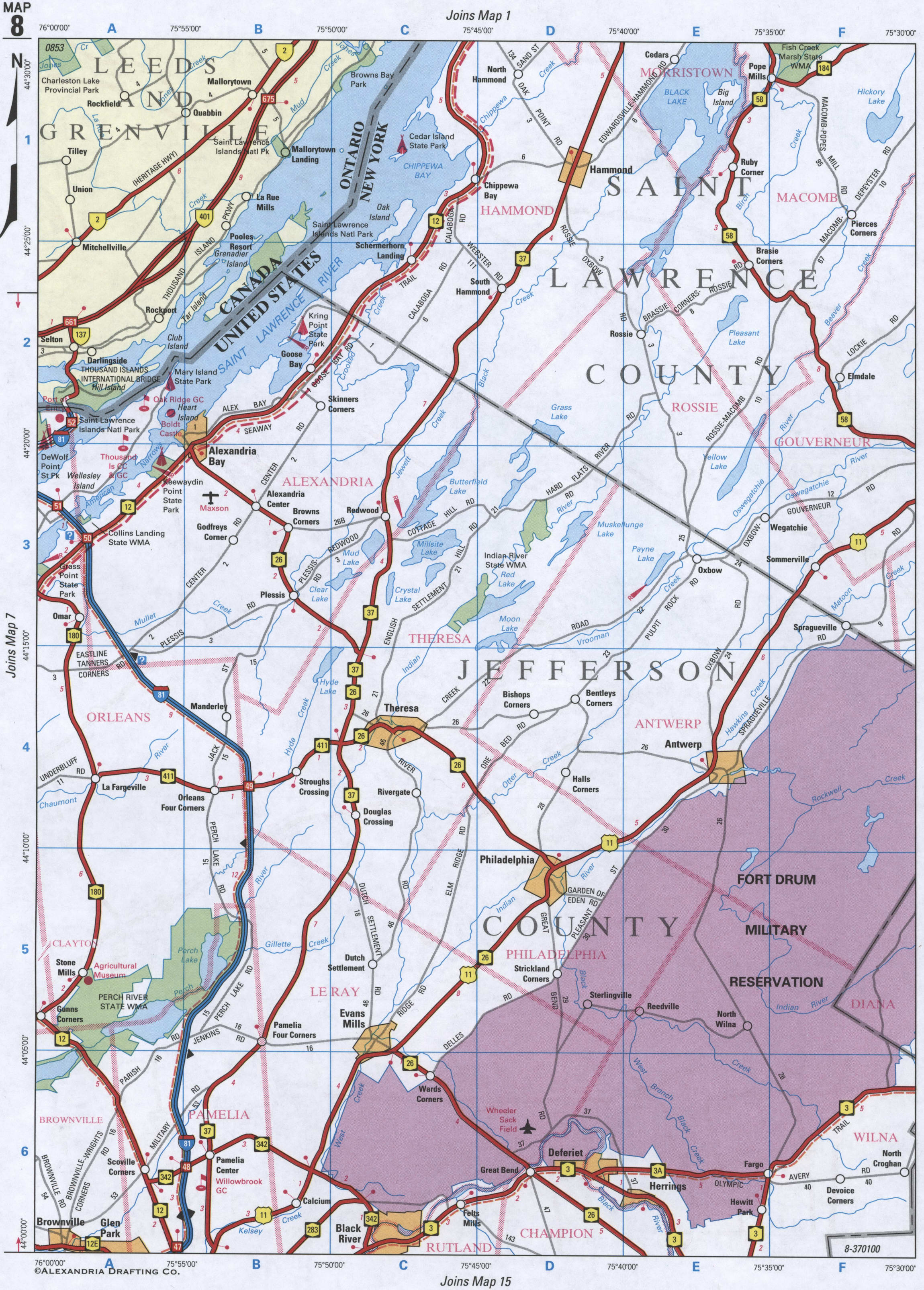 map of Jefferson County and Saint Lawrence County