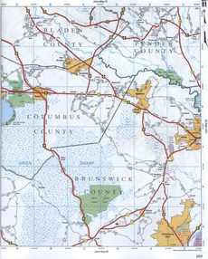 map of Bladen CO, Columbus CO, and Pender CO, North Carolina