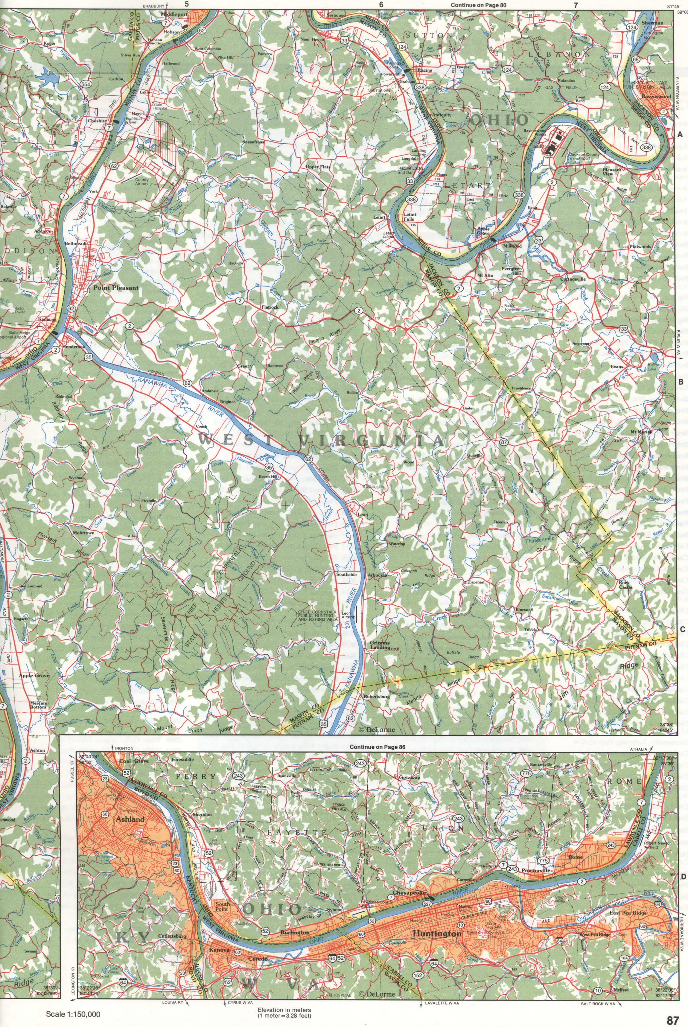Map of Southeastern Ohio - Meigs OH county and Mason WV county