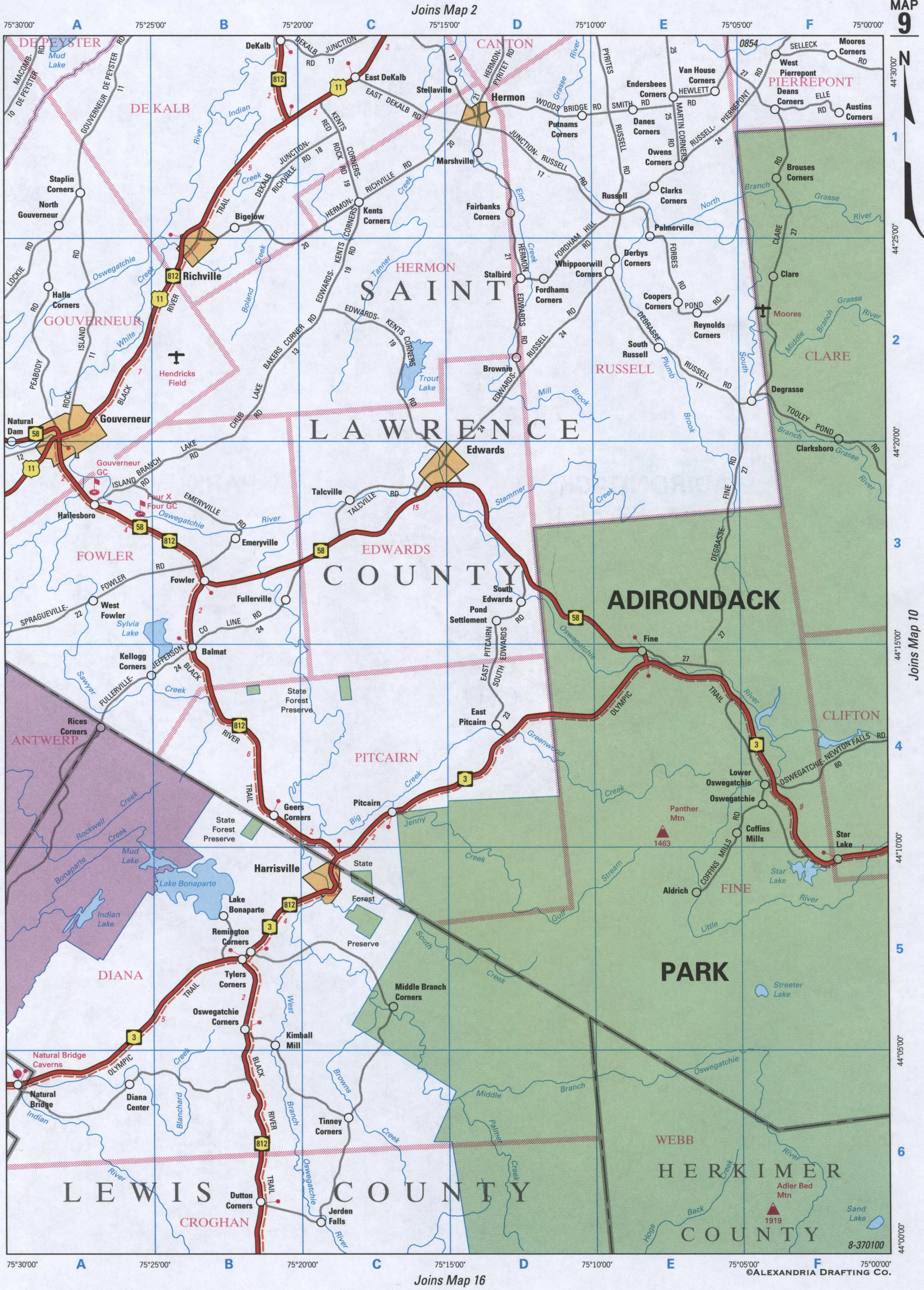 map of Lewis County and Saint Lawrence County